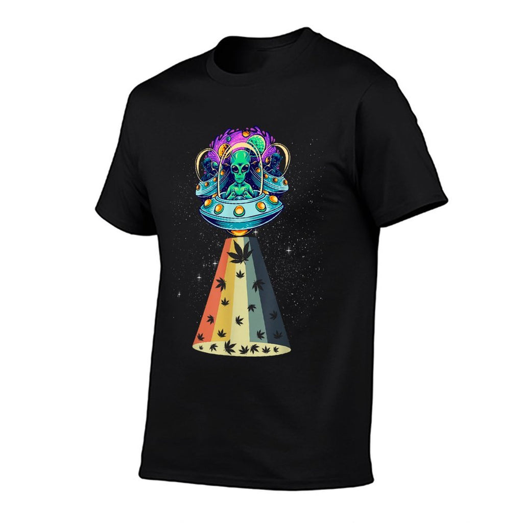 Vintage Alien Weed Pot Leaf UFO Abduction Marijuana  Summer-ready Fabric T-Shirt