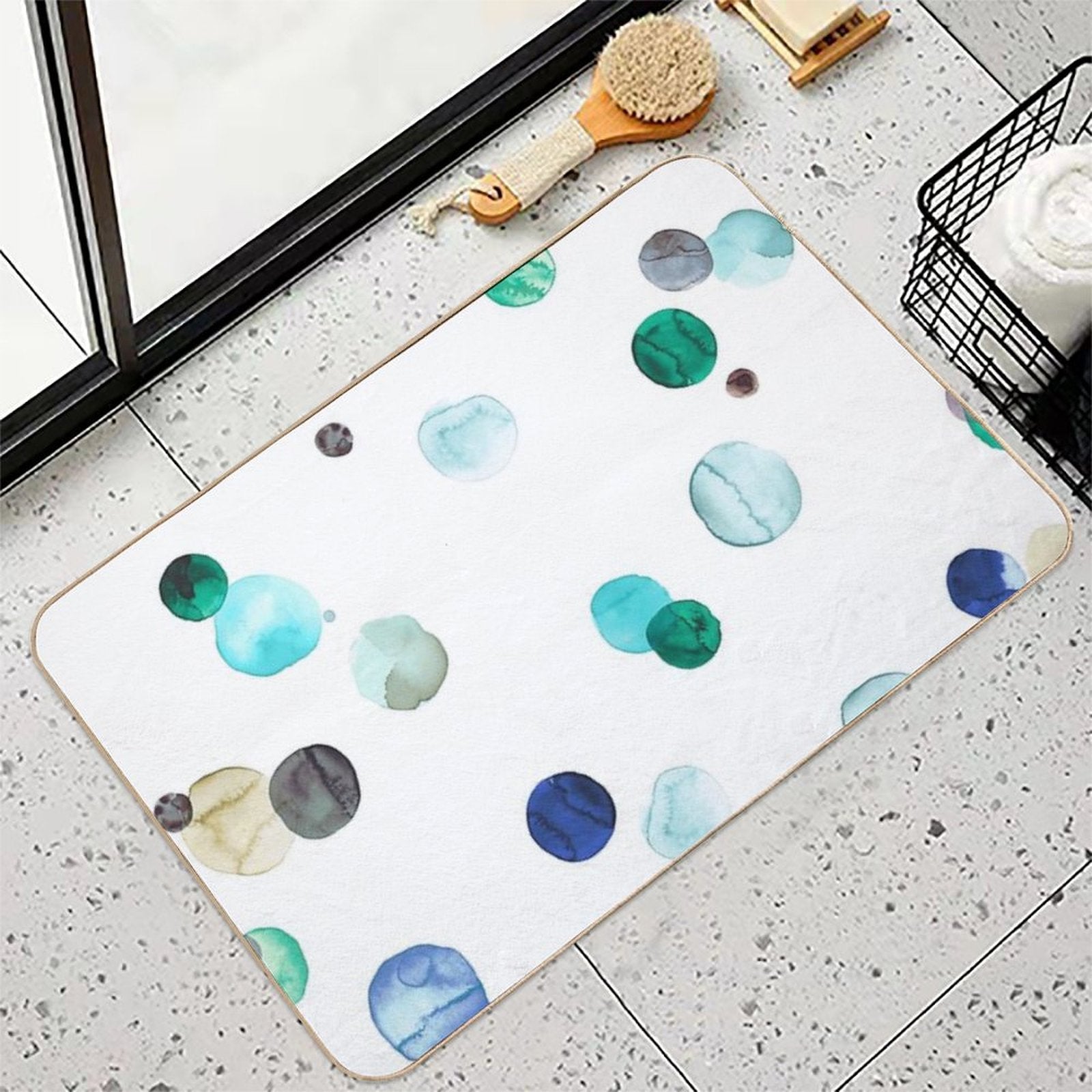 Watercolor Polka Dots - Geometric Dot Print - Blue  Dirt-Trapping Bath Mat