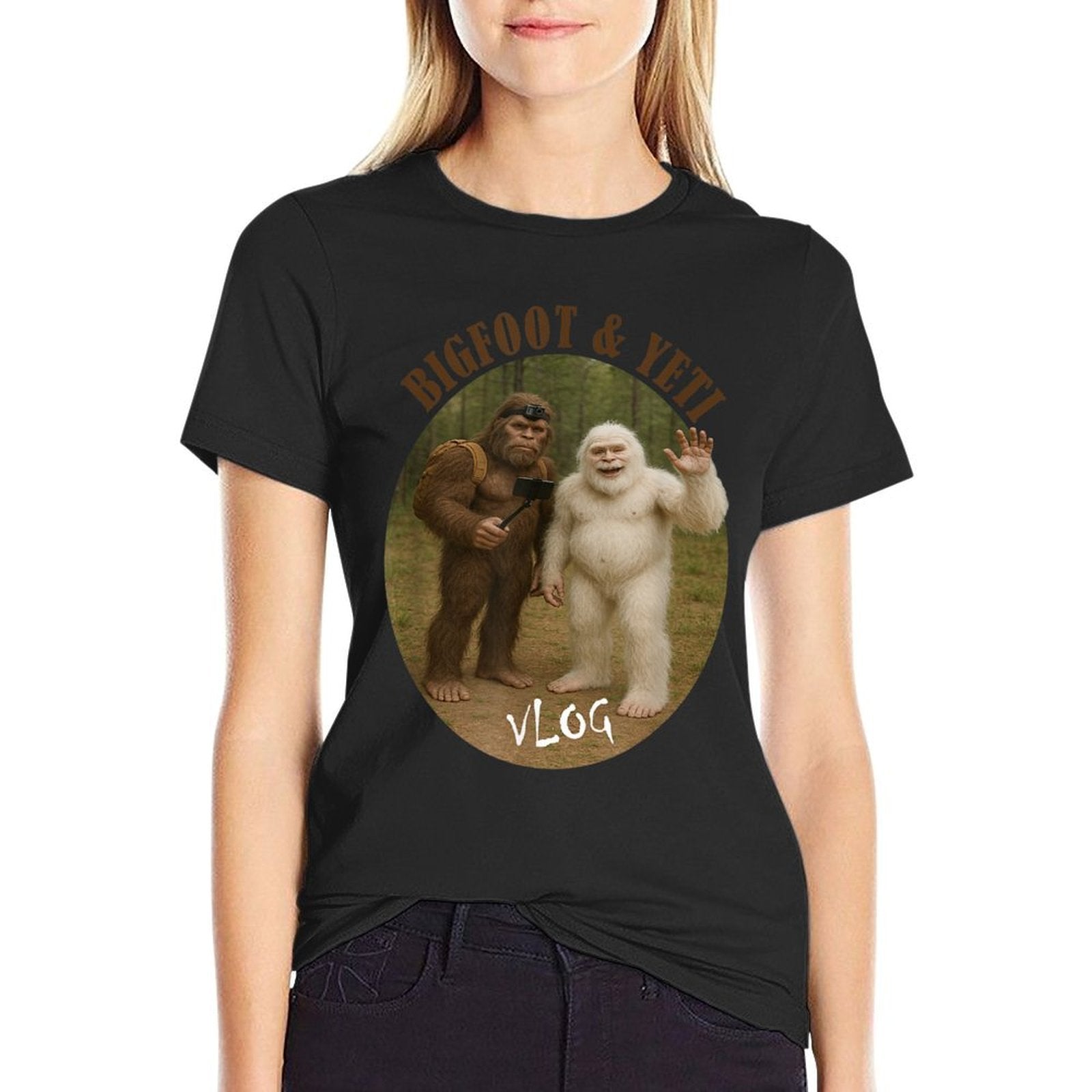 Bigfoot And Friend Vlog Funny Meme Hiking Selfie Stick  Slim-fit Cut T-Shirt