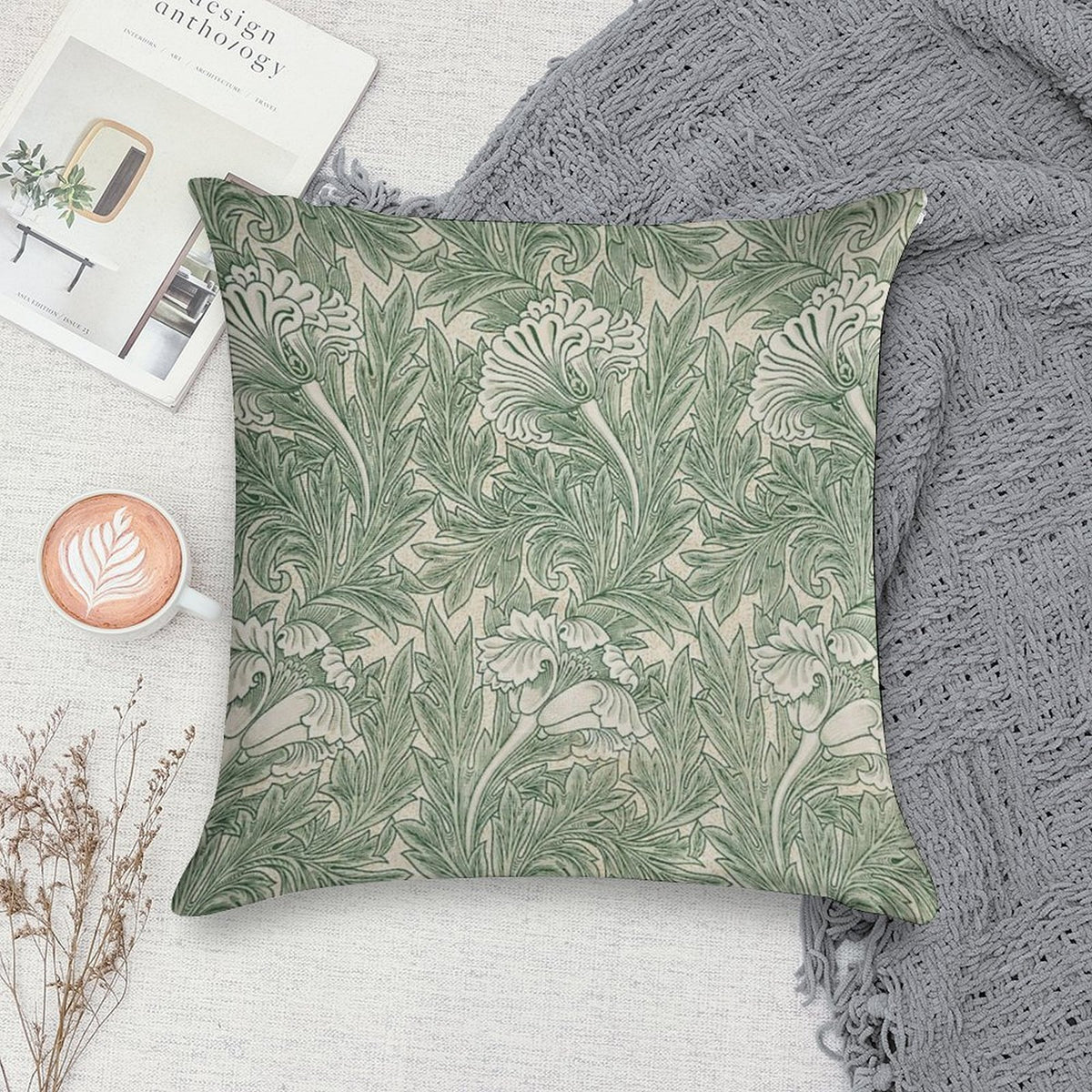 William Morris Vintage Green Tulip Floral Pattern Soft Reinforced Edging Throw Pillow