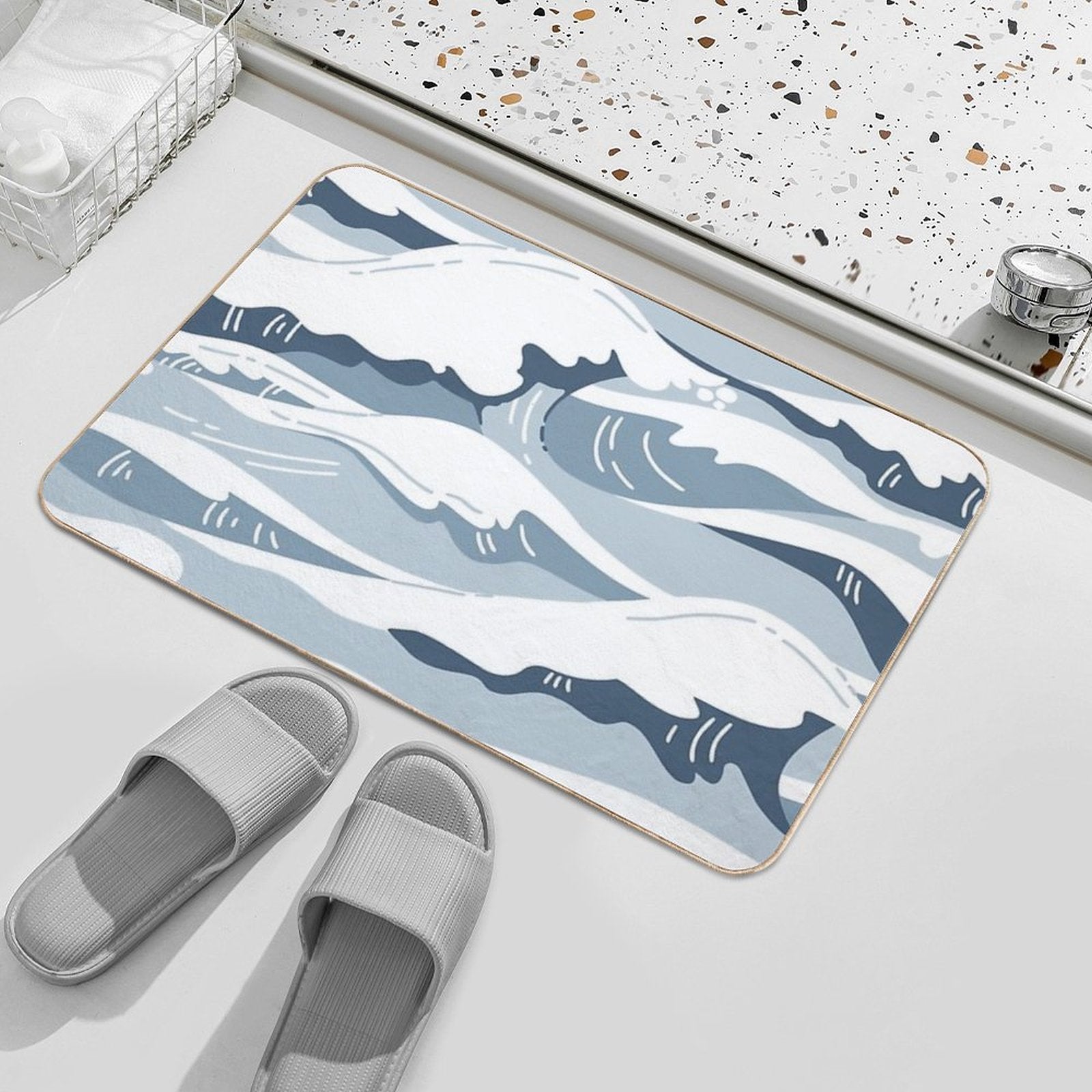 Light Blue Japanese Waves Durable Bath Mat