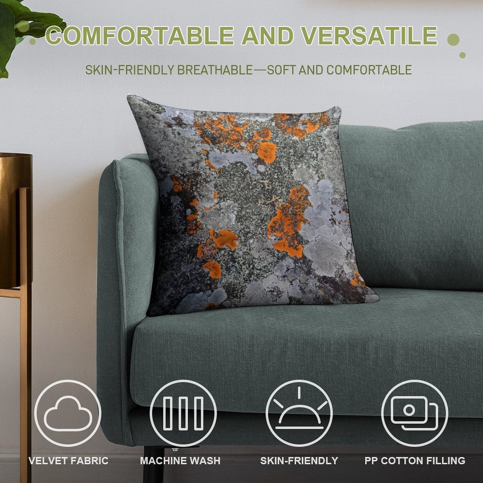 Orange And Grey Lichen Soft Gift Ready Throw Pillow