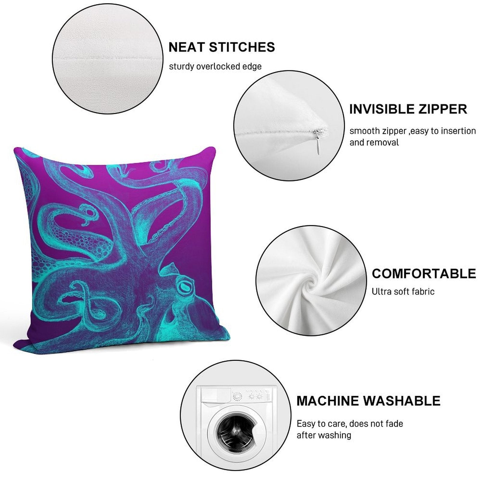 Blue & Purple Octopus Soft Decorative Cover Throw Pillow