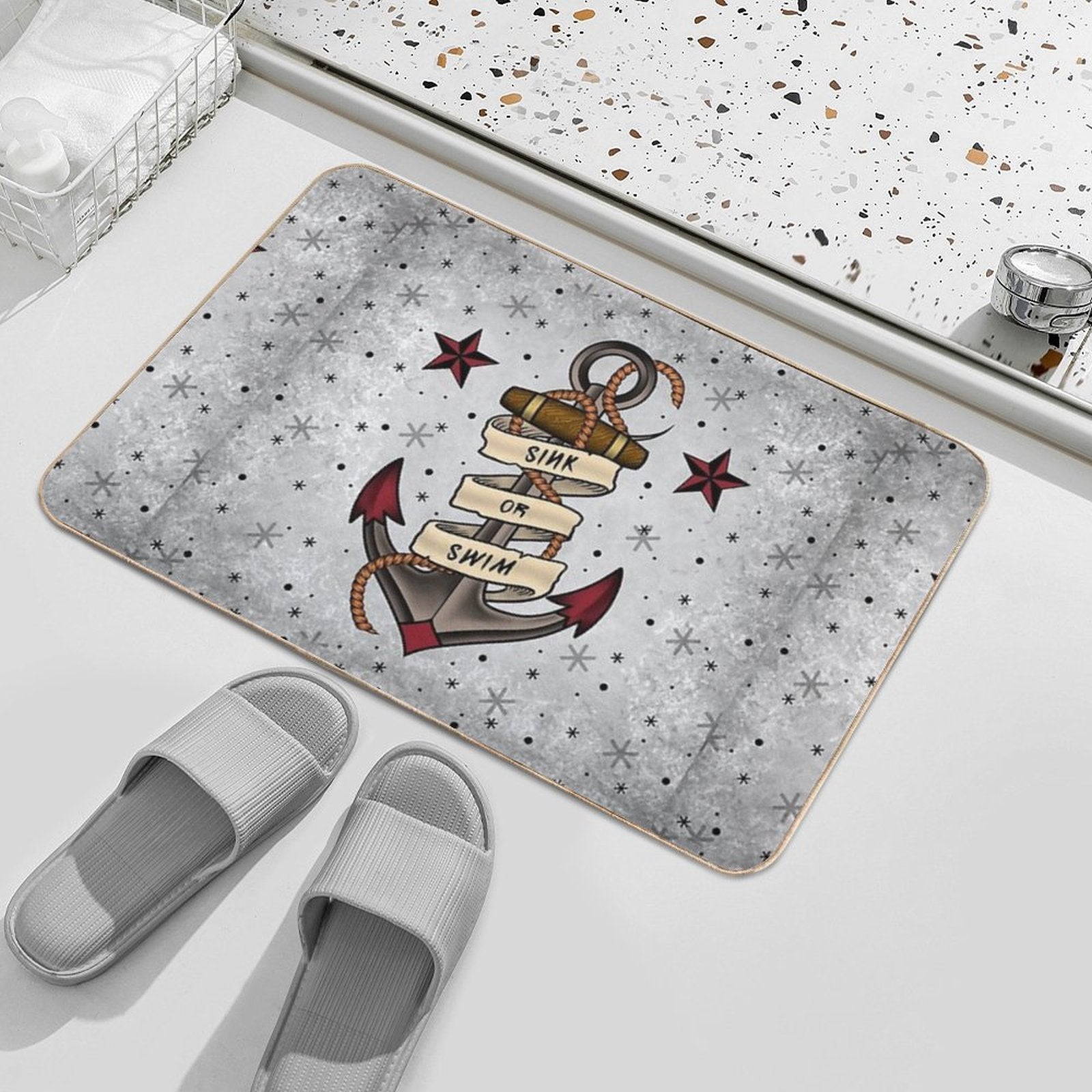 Old School Tattoo Style Design.  Easy To Clean Bath Mat