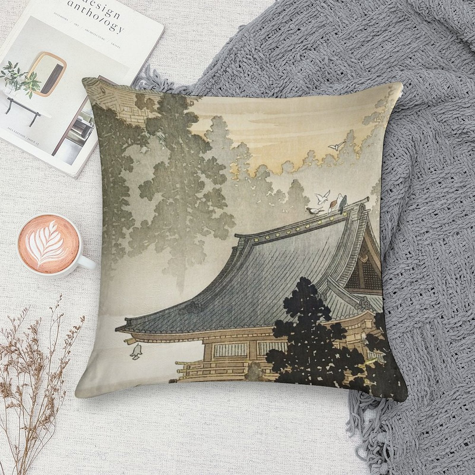 Pagoda - Japanese Art 1900s Soft Bedroom Essential Throw Pillow