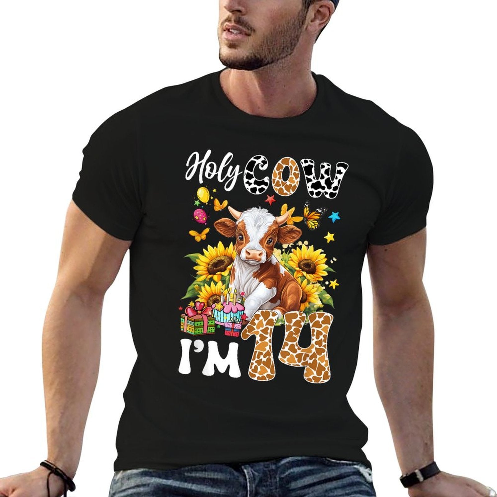 Holy Cow I'm 14 Years Old Farm Cow Sunflowers 14Th Birthday  Affordable Price T-Shirt