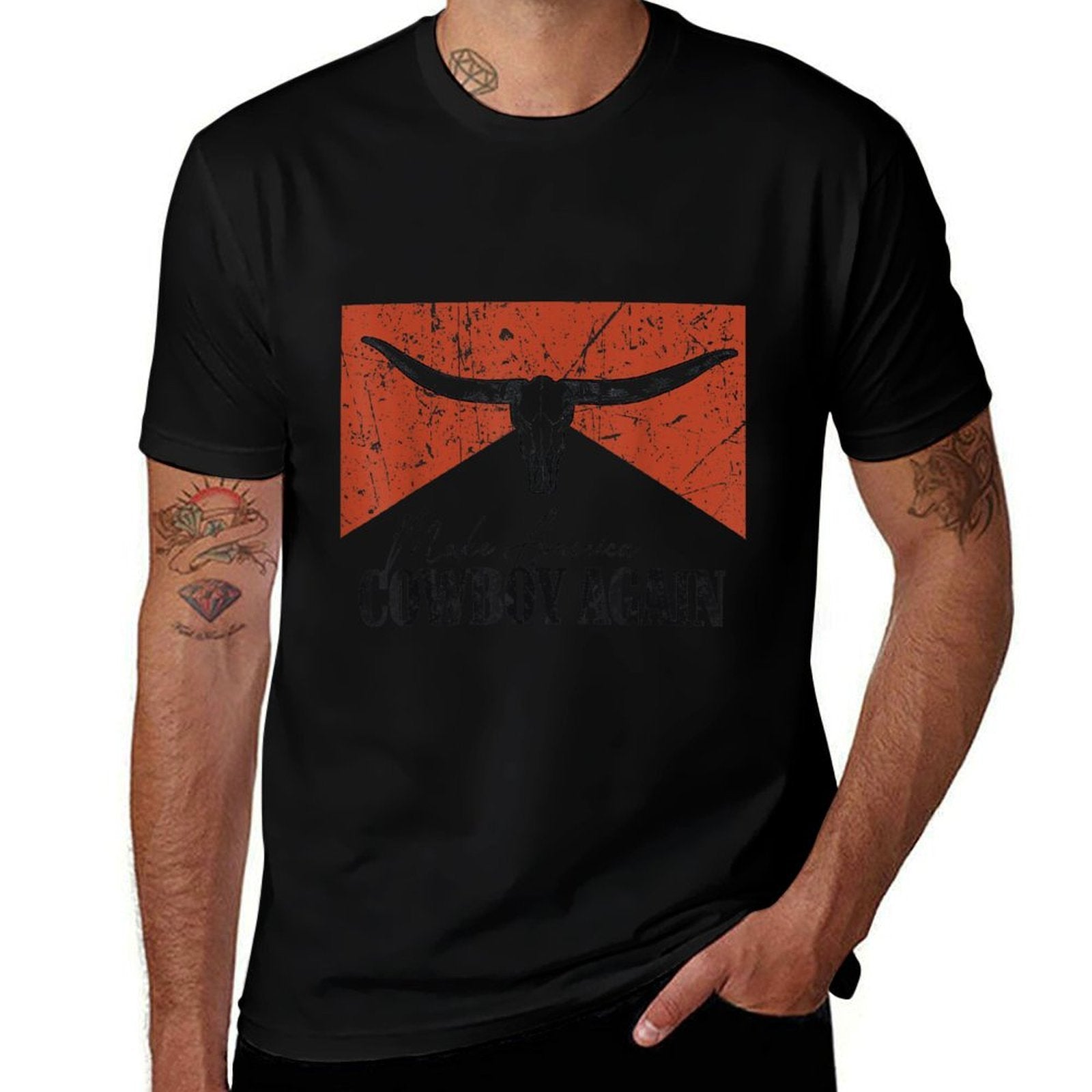 Vintage Bull Skull Makes America A Cowboy Again Country  Graphic-printed T-Shirt