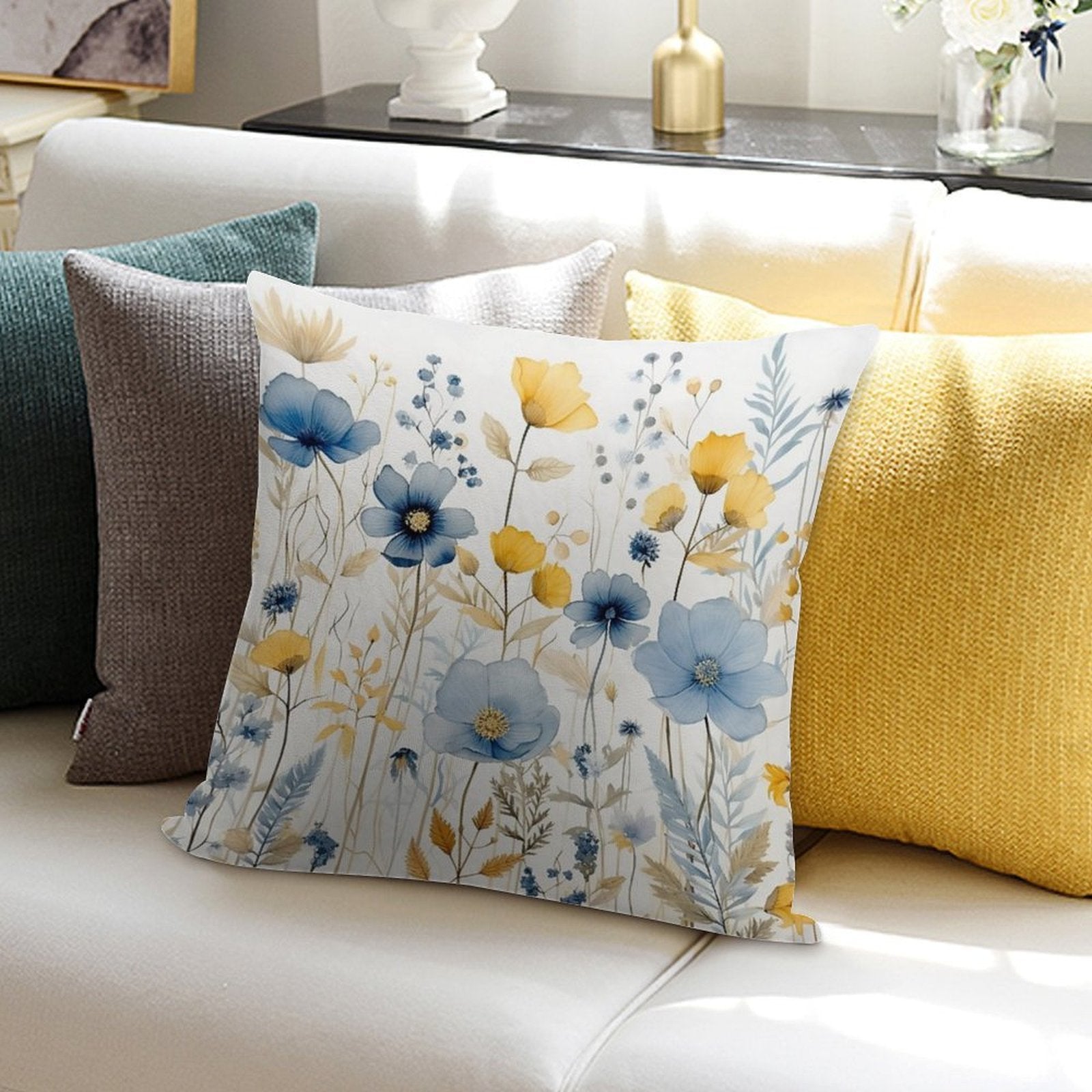 Blue And Yellow Wildflowers, Watercolour  Boho Flowers Soft Ultra-Soft Texture Throw Pillow