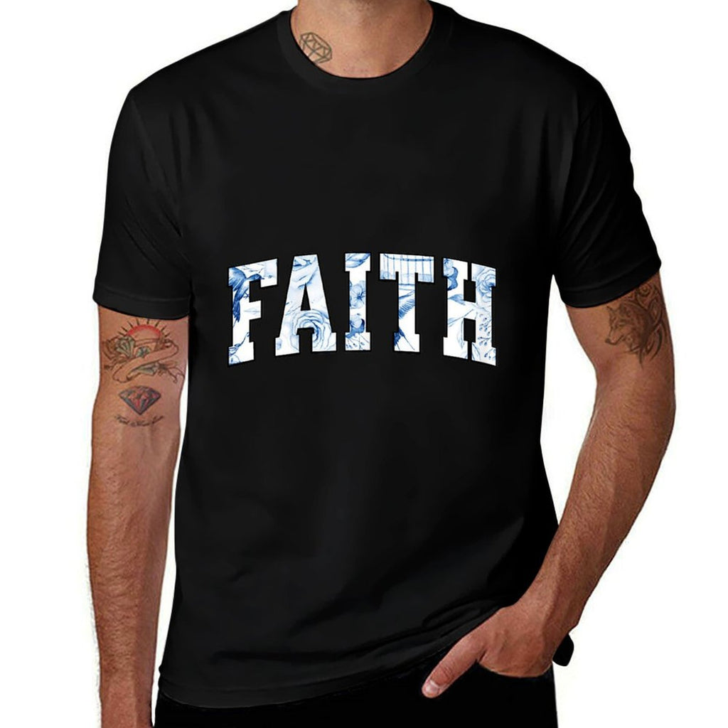 Toile De Jouy FAITH Typography with Blue Floral  Bird  Affordable Price T-Shirt