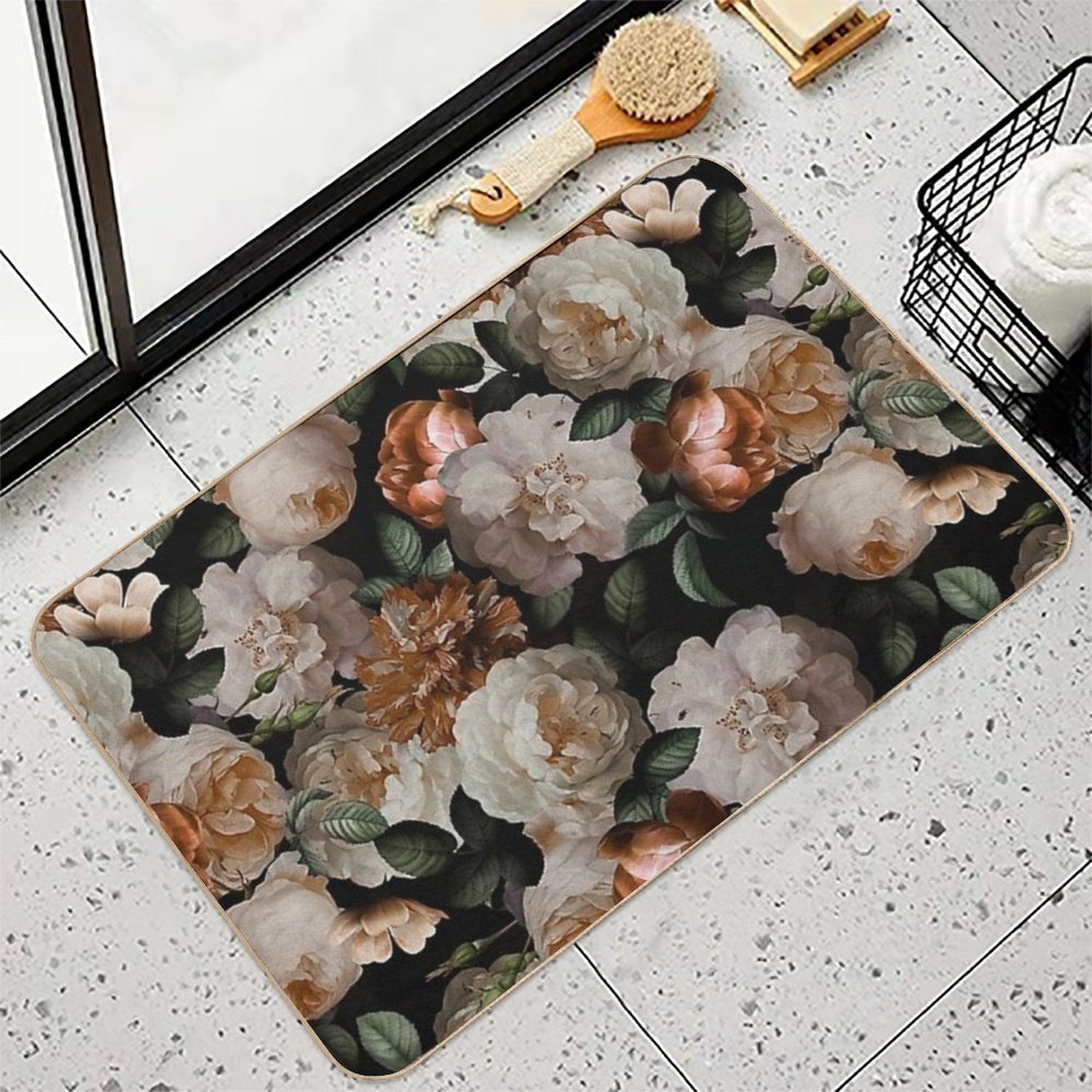Antique Jan Davidsz. De Heem Lush Roses Flowers On Black Botanical Night GardenPattern Nightgarden  Fade-Resistant Bath Mat