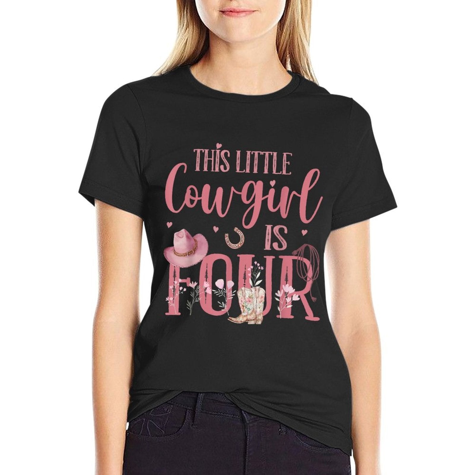 Cute Cowboy Cowgirl 4 Year Old Girl Birthday Gift Western Girls Black Small  Quick-drying T-Shirt