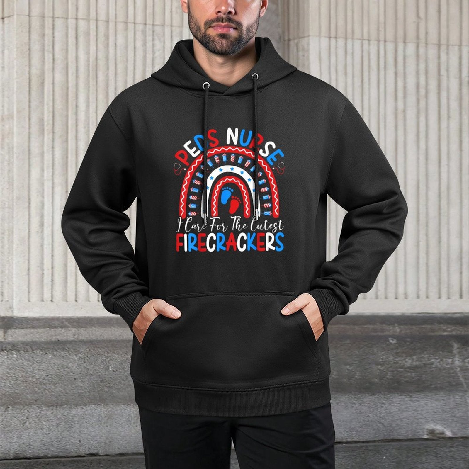 I Care For The Cutest Firecrackers 4th Of July PEDS Nurse Kangaroo Pocket Hoodie
