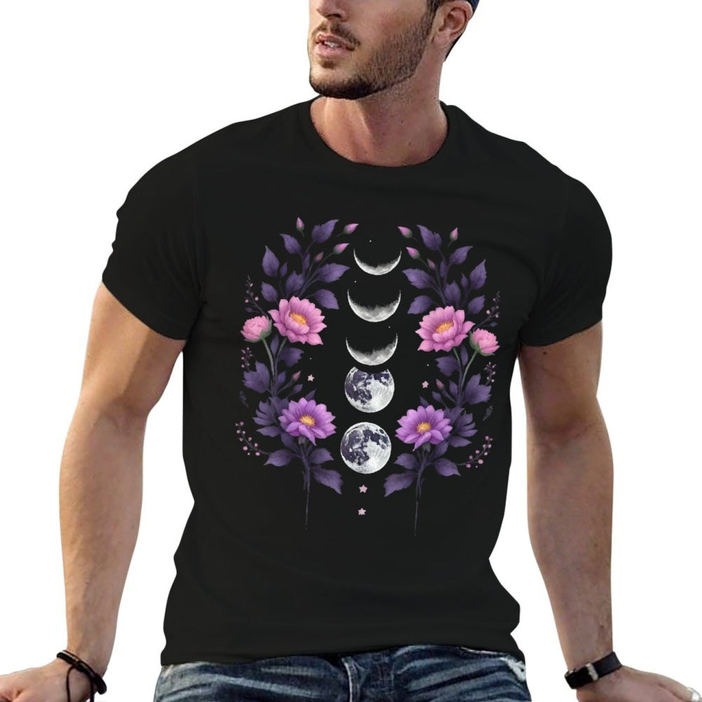 Celestial Moon Phase BOHO Wildflowers Zodiac Witchcore  Heathered Texture T-Shirt