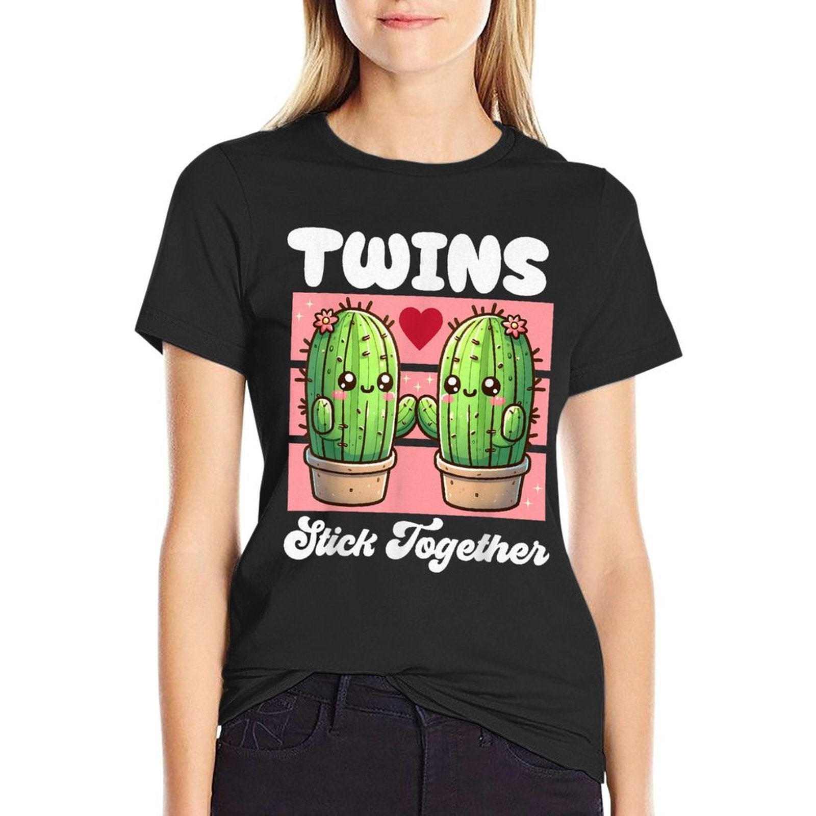 Matching Twin Cactus Twin Girls Tweens Twinning Succulent  Rolled Sleeves T-Shirt
