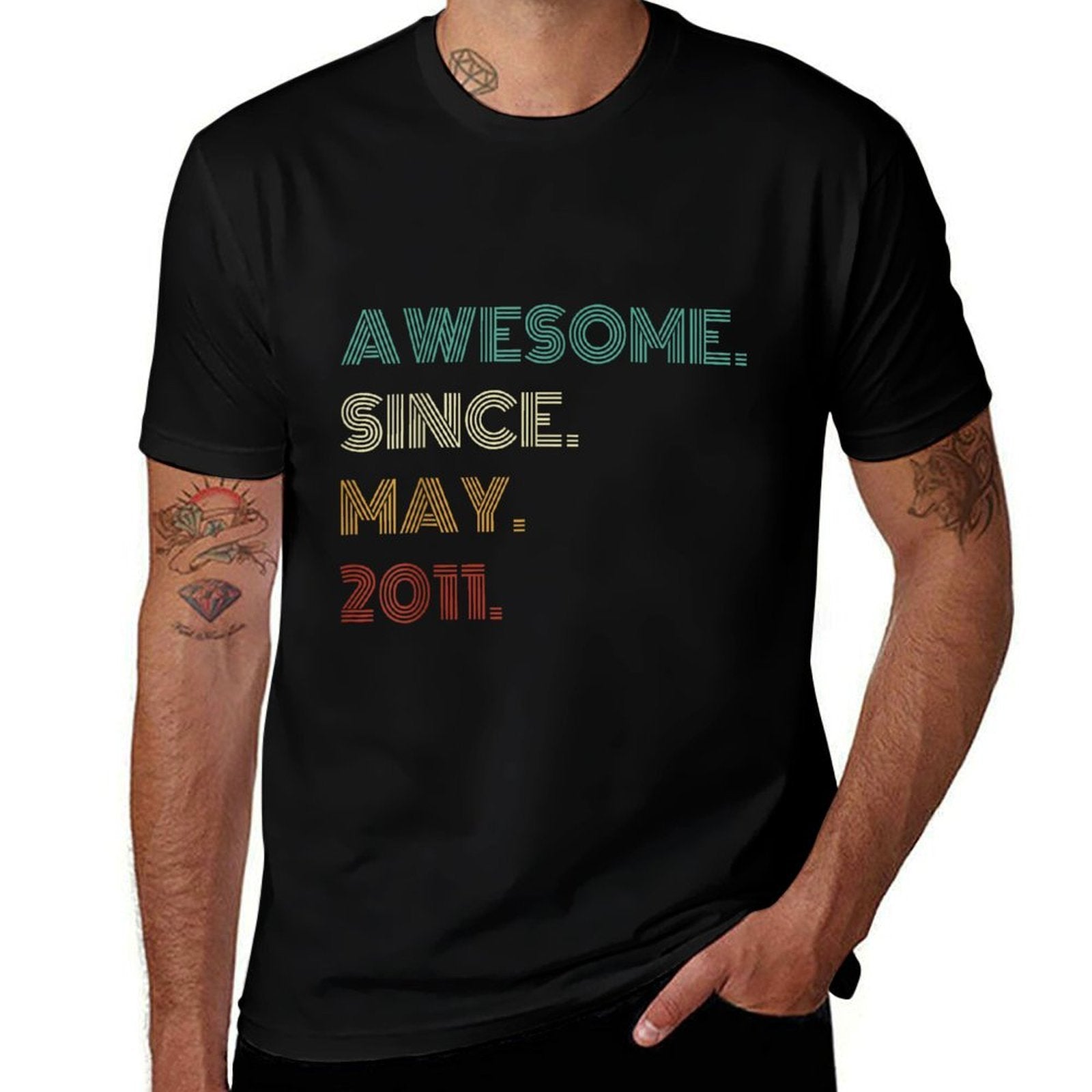 14 Years Old Awesome Since May 2011 14th Birthday  Ribbed Collar T-Shirt