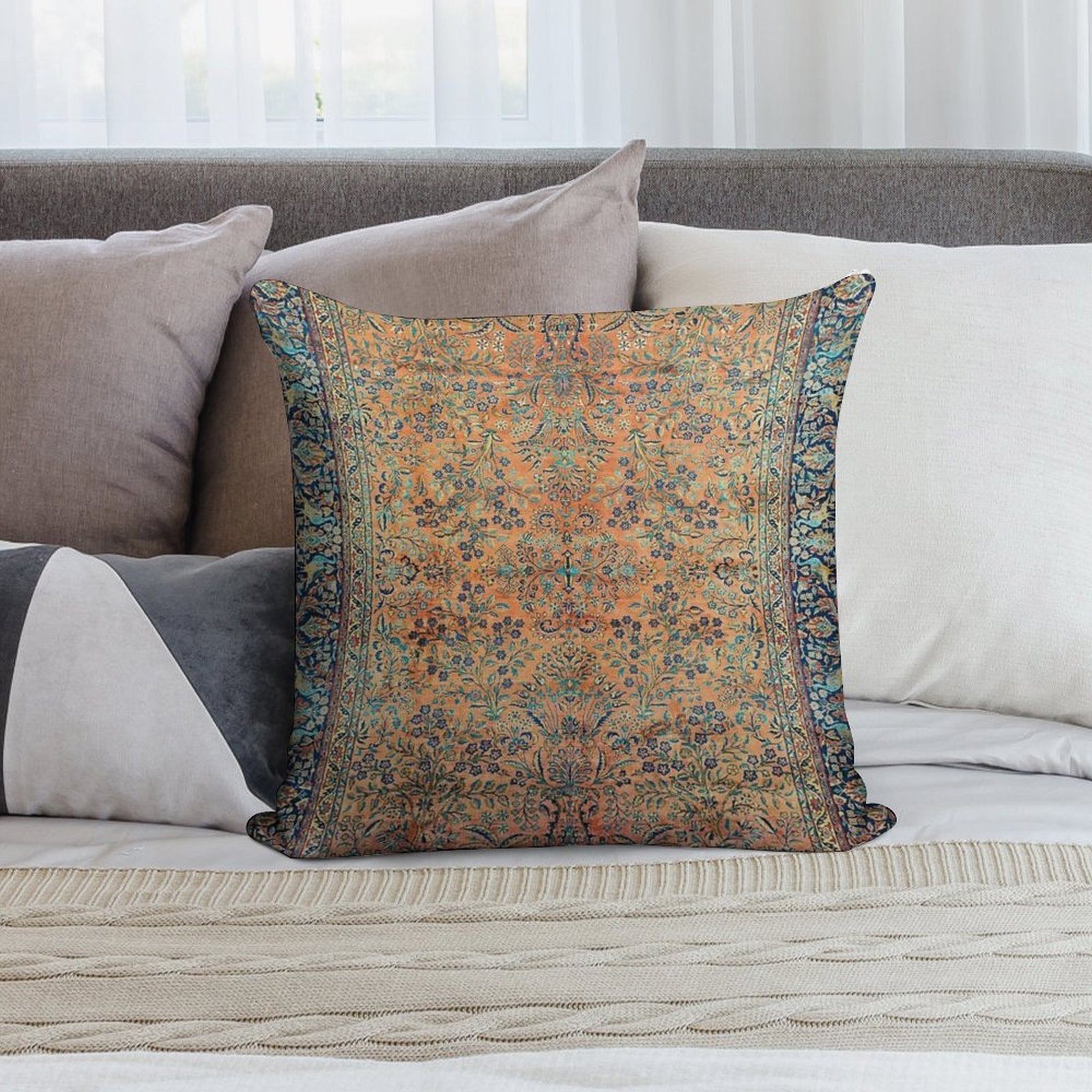 Manchester Kashan Floral Persian Carpet Print Soft High-Density Material Throw Pillow