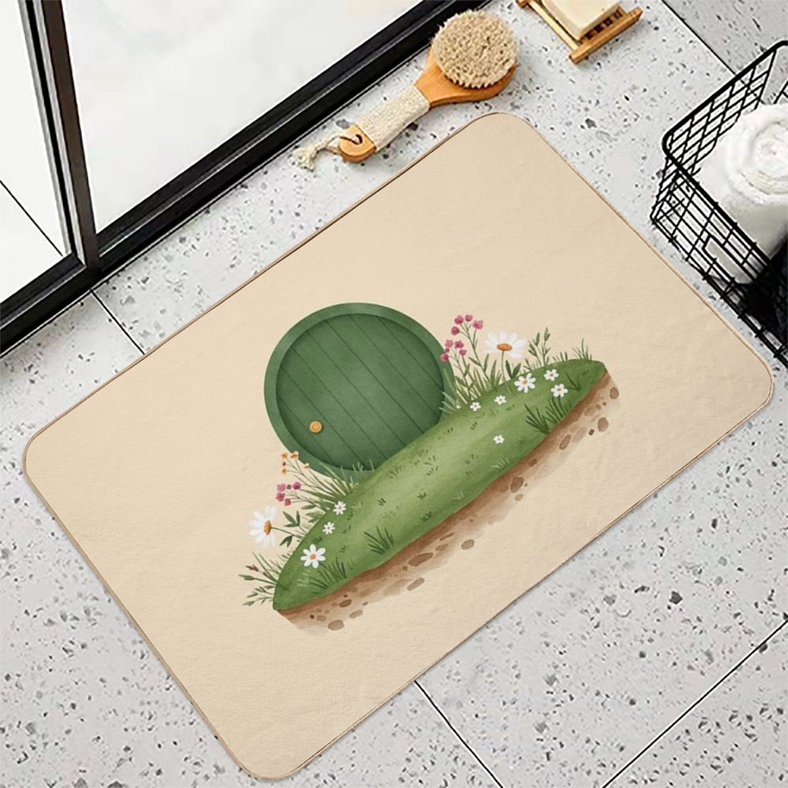 Cozy Hobbit Hole Watercolor Print - Cottagecore Wall Art  Stain-Proof Bath Mat