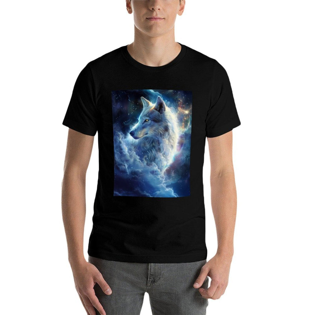 Alpha Galaxy Wolf Dark Fantasy Space Graphic Wolf Lovers  Rolled Sleeves T-Shirt