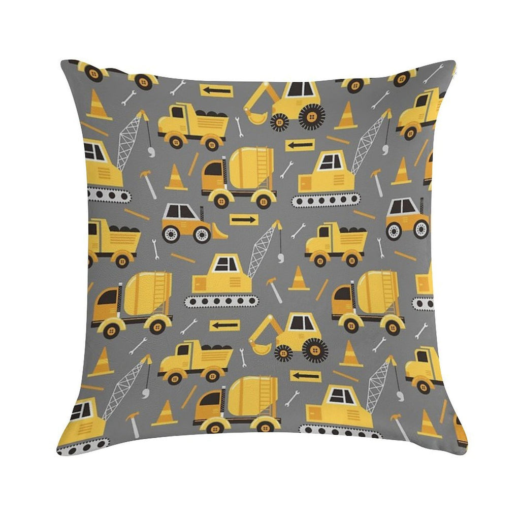 Construction Trucks on Gray Soft Skin-Friendly Throw Pillow