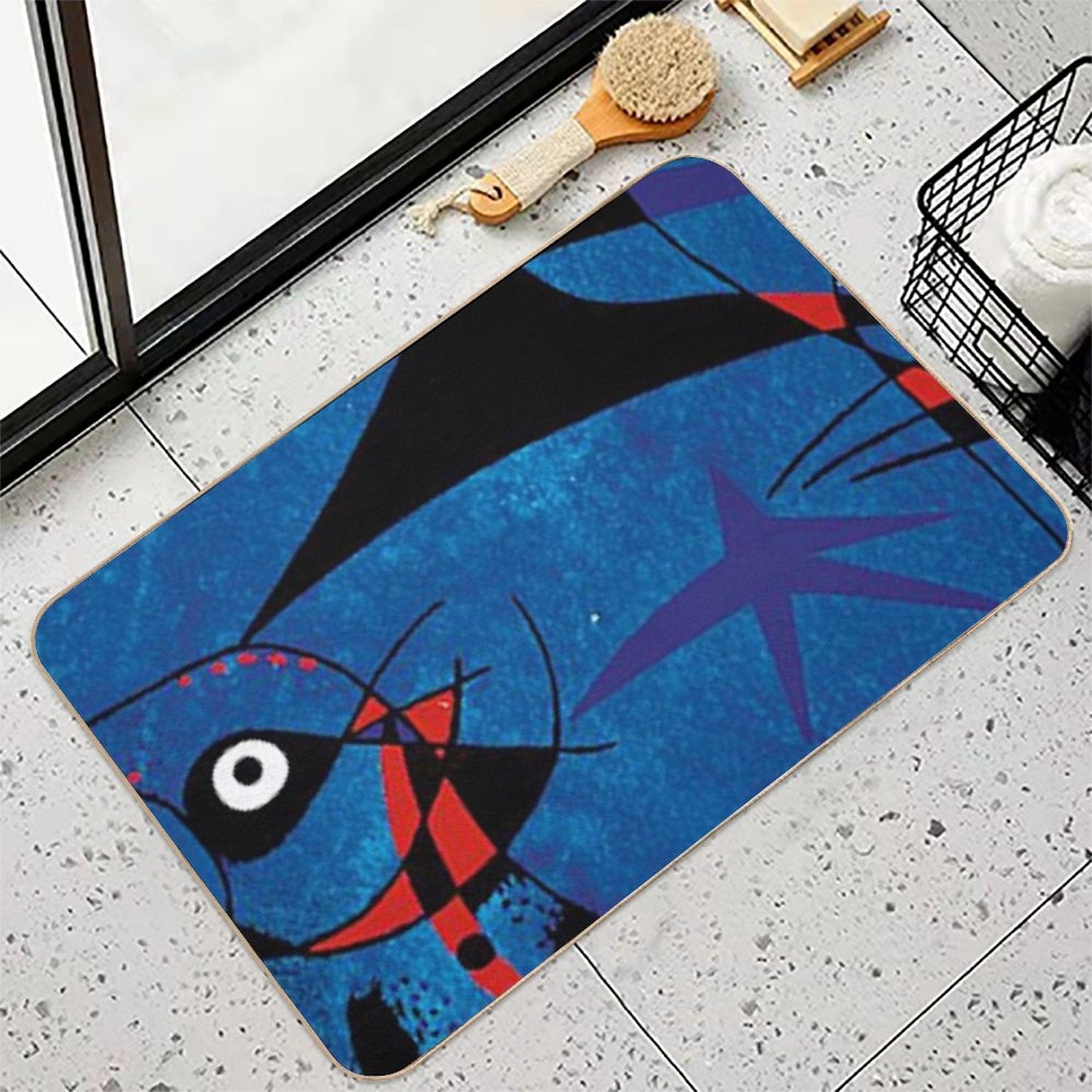 Joan Miro Abstract Painting on Blue  Repositionable Bath Mat