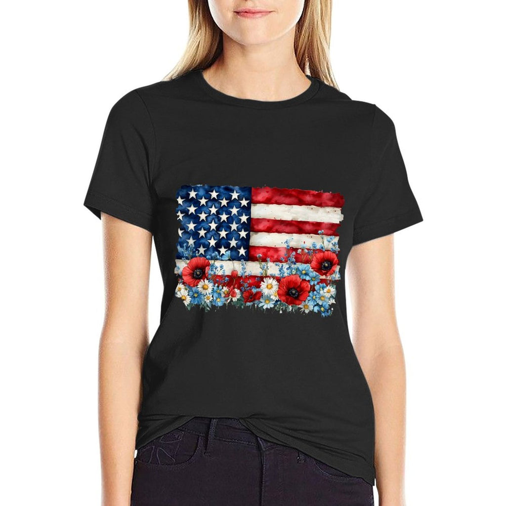 Retro Flower American Women 4th Of July Patriotic  Vintage-inspired T-Shirt