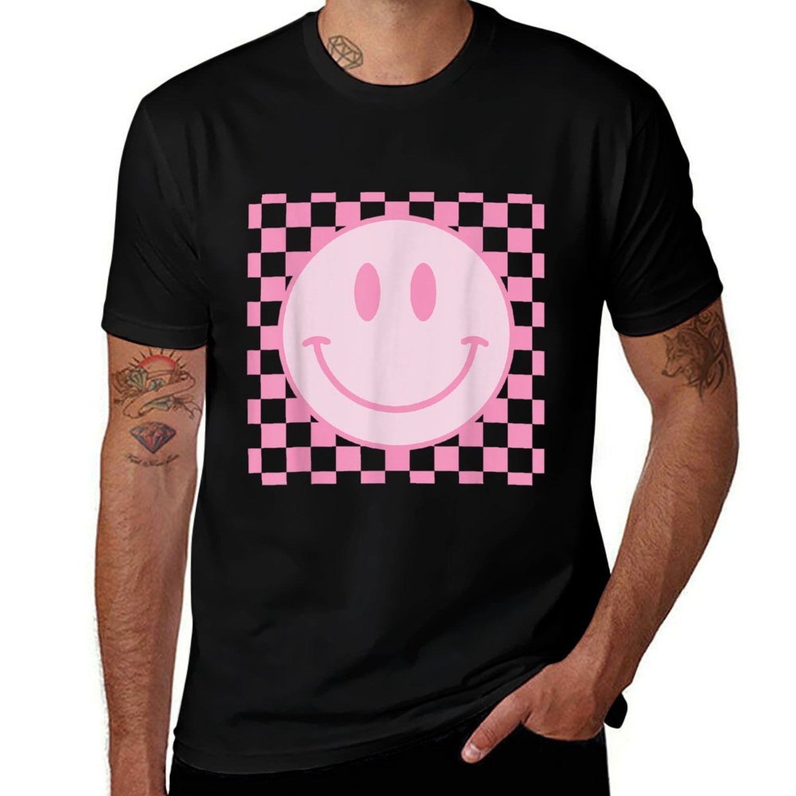 Retro Happy Face Checkered Pattern Smile Face Trendy  Tagless Design T-Shirt