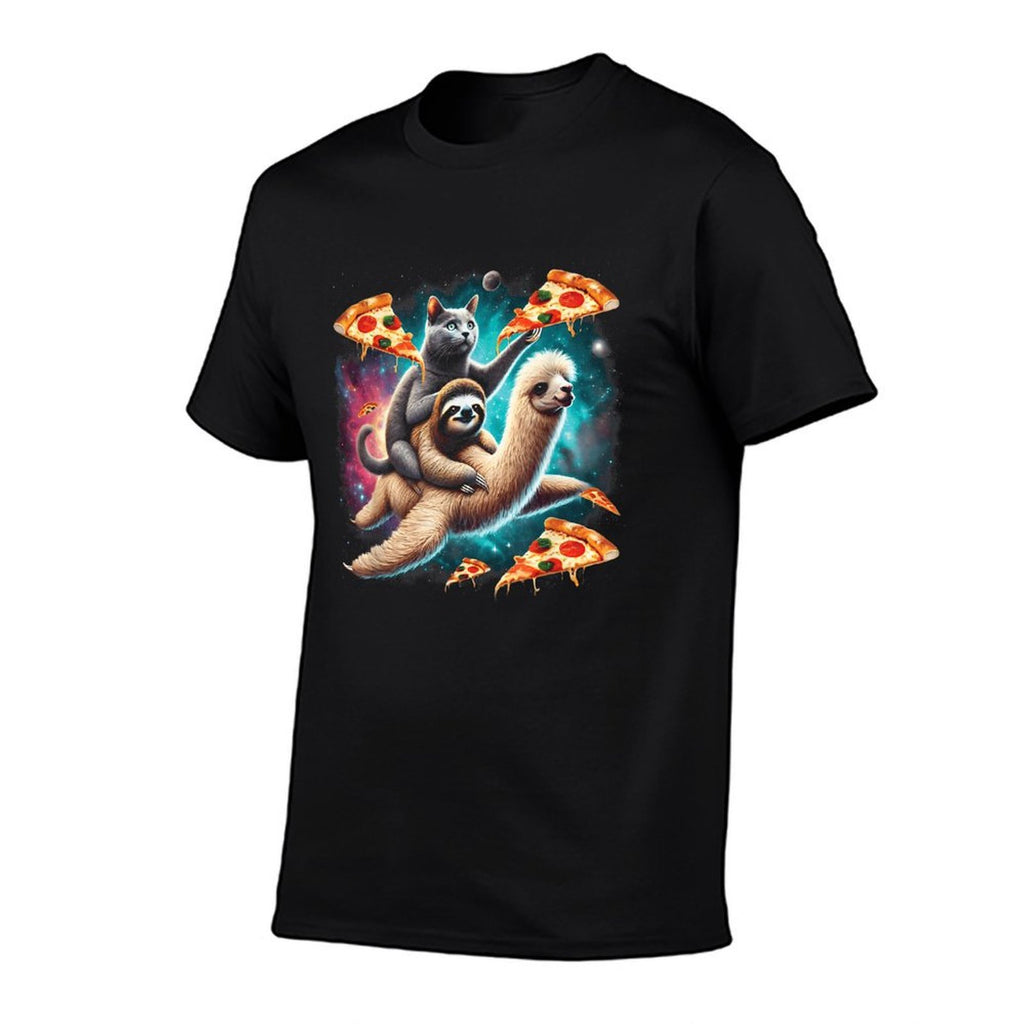 Space Cat Riding Sloth Llama Pizza Floating In Space  Wrinkle-resistant T-Shirt