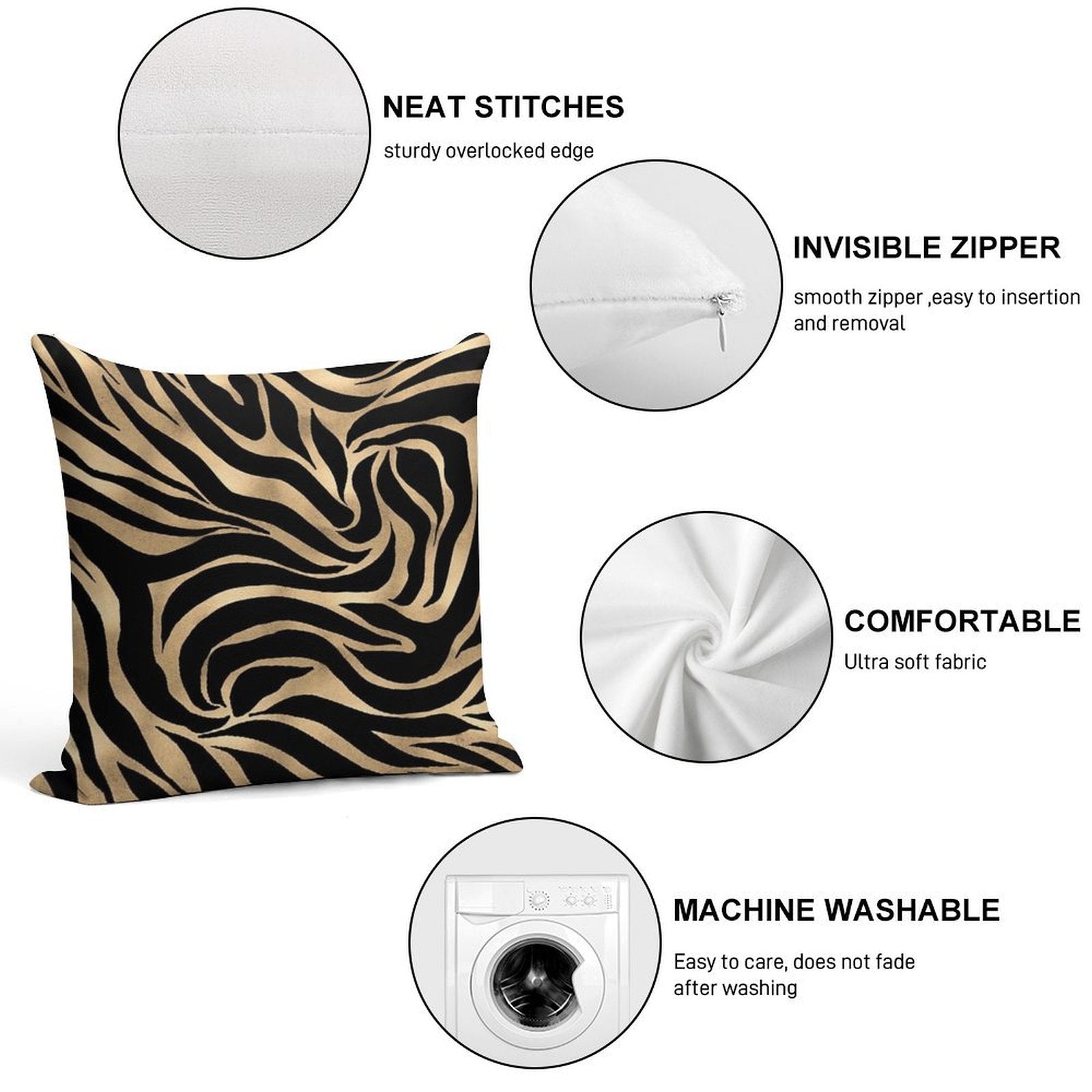Elegant Metallic Gold Zebra Black Animal Print Soft Gift Ready Throw Pillow