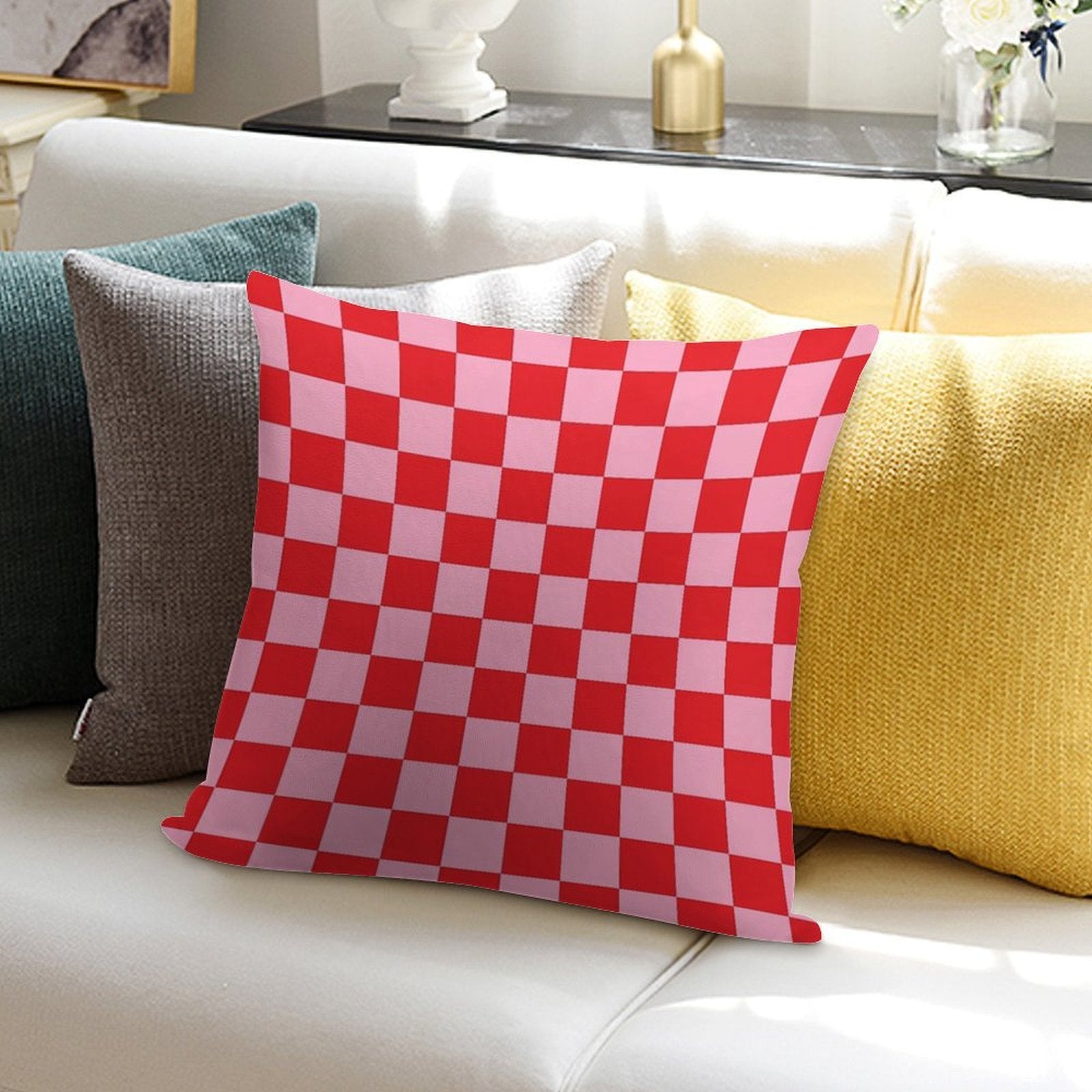 Checkered Pink And Red Soft Gift Ready Throw Pillow