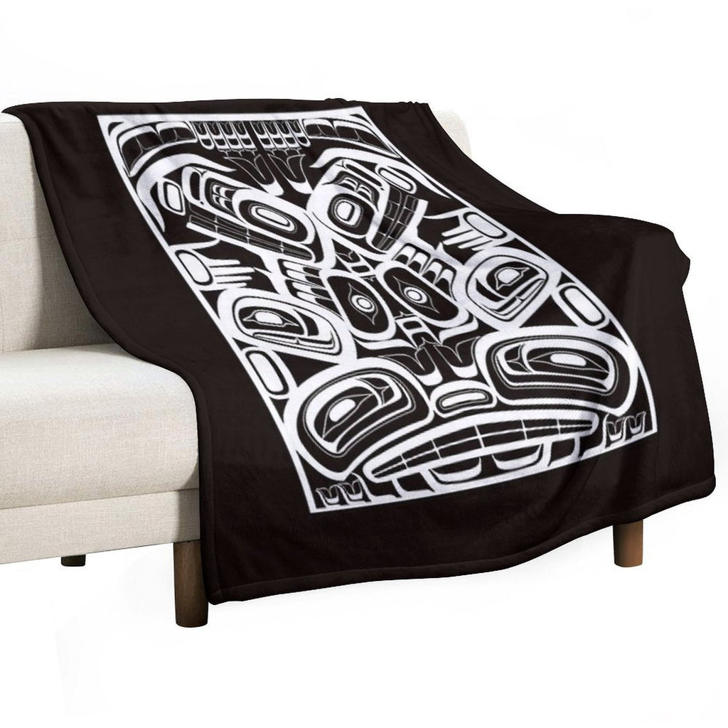 White Totem Native Formline Design Orca Bear Raven Travel-friendly Throw Blanket
