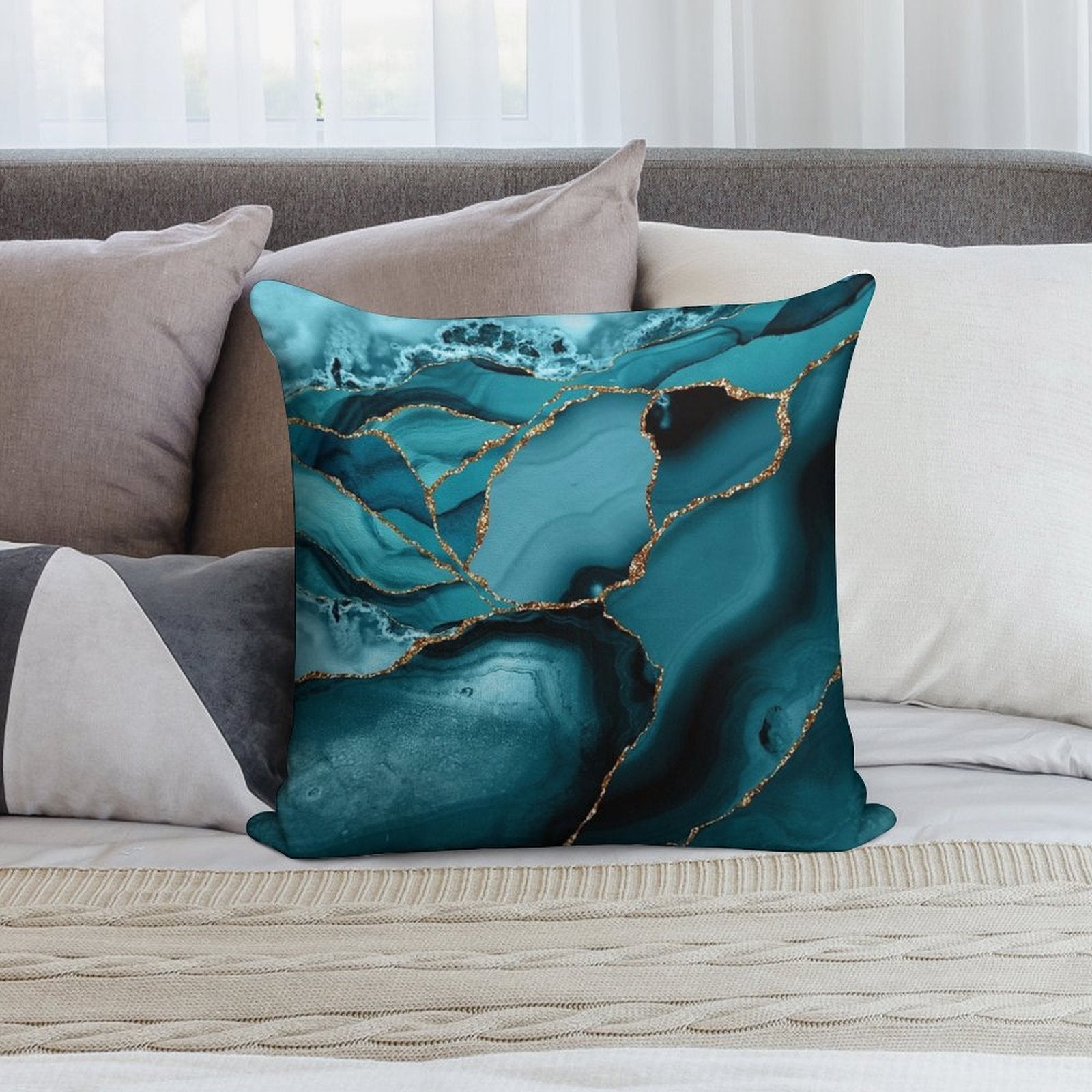 Teal And Gold Faux Marble Landscape Waves Soft Decorative Cover Throw Pillow