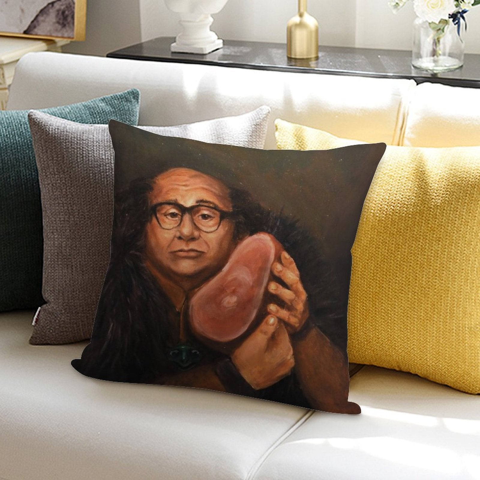 Danny Devito And His Beloved Ham Soft Short Plush Fabric Throw Pillow