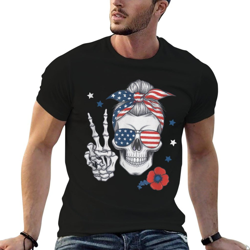 Memorial Day Skeleton Messy Bun Patriotic Comfortable T-Shirt