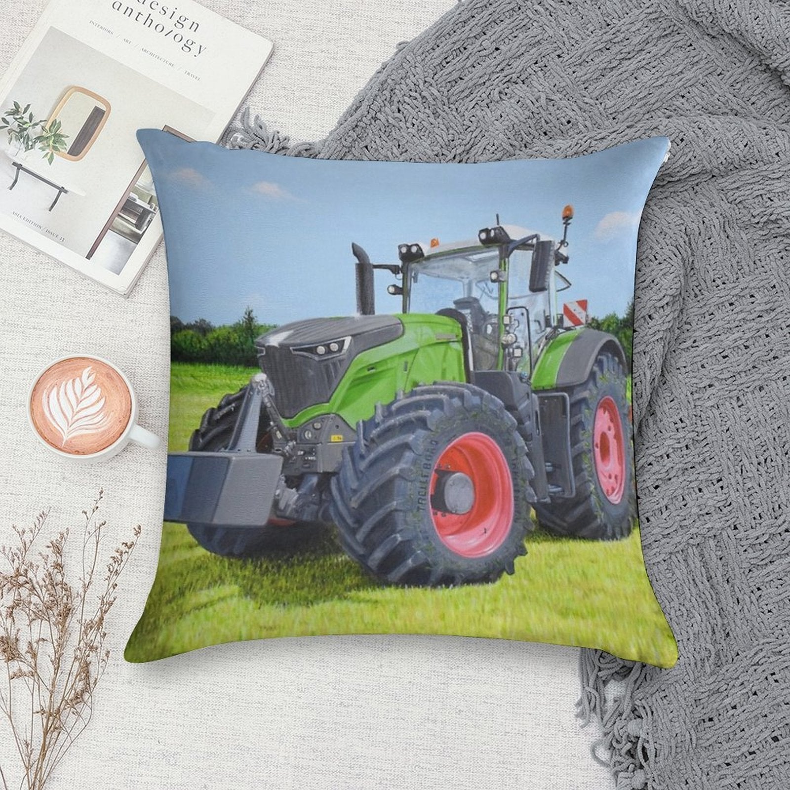 Green Tractor in Field Soft Shrink-Resistant Throw Pillow