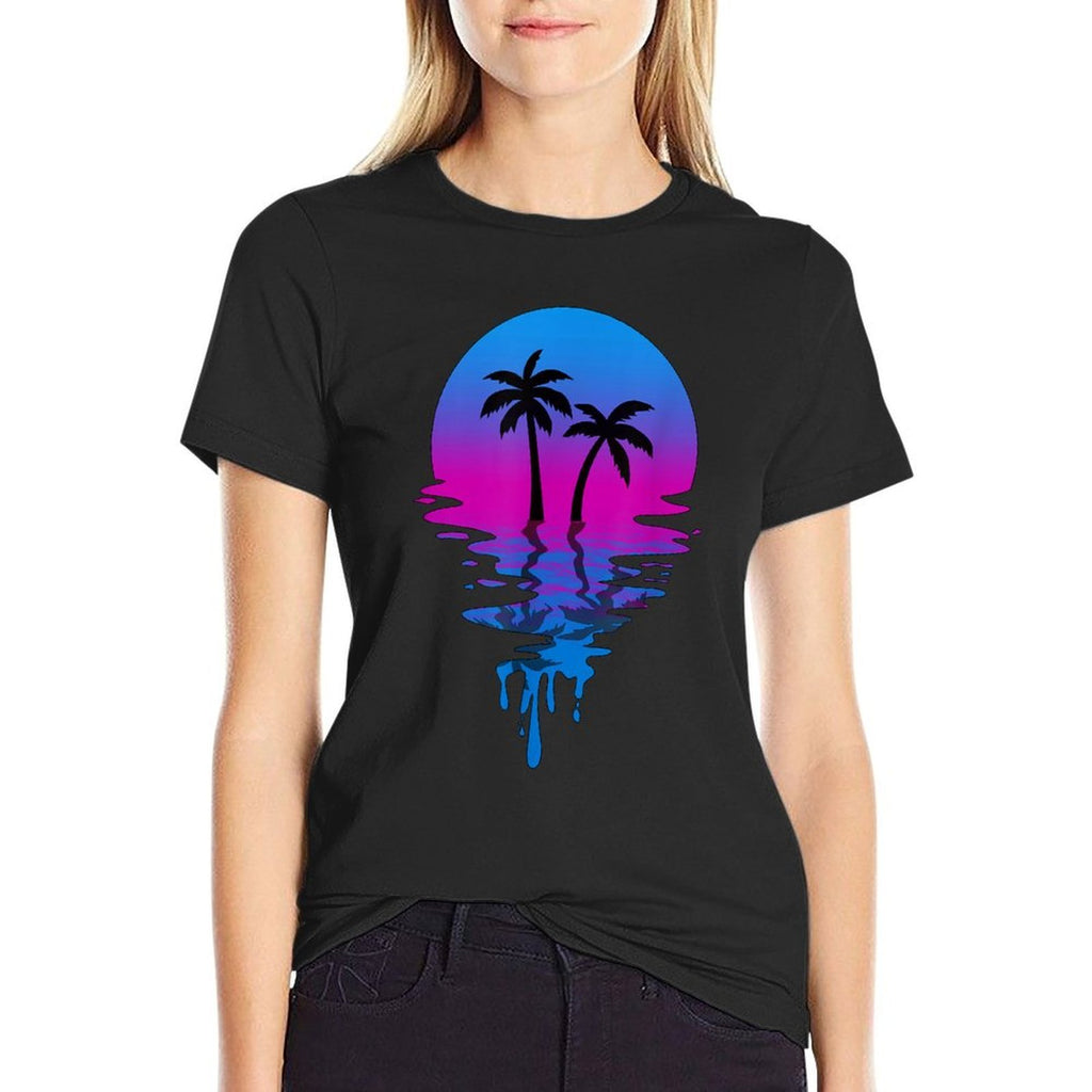 Vintage Retro Sunset Palm Tree  Rolled Sleeves T-Shirt