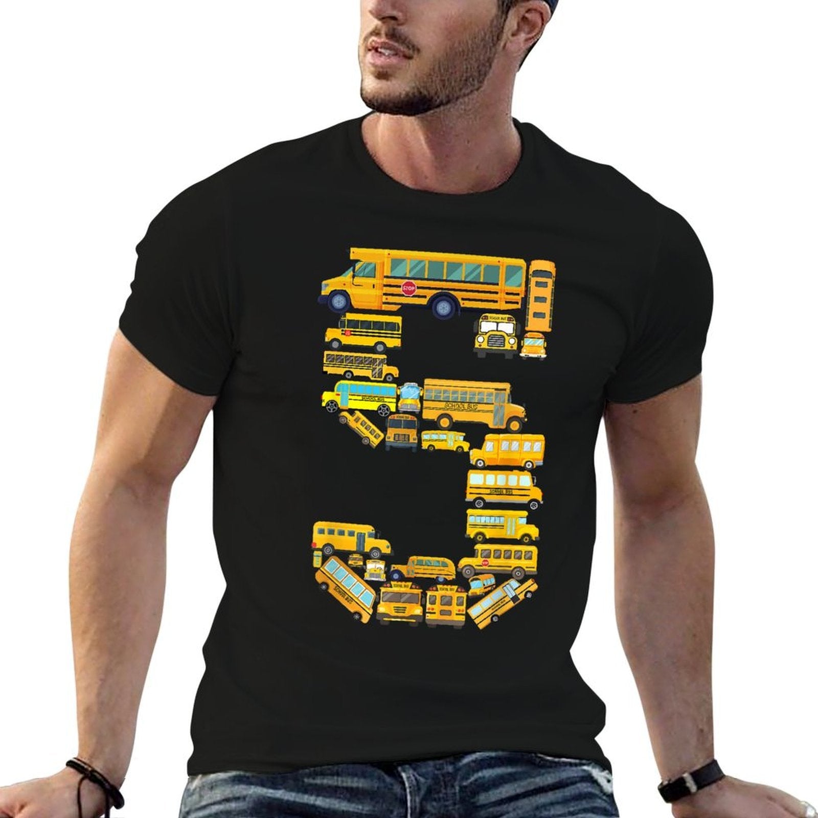 School Bus 5th Birthday School Bus Themed Kids 5 Year Old  Polyester Blend T-Shirt