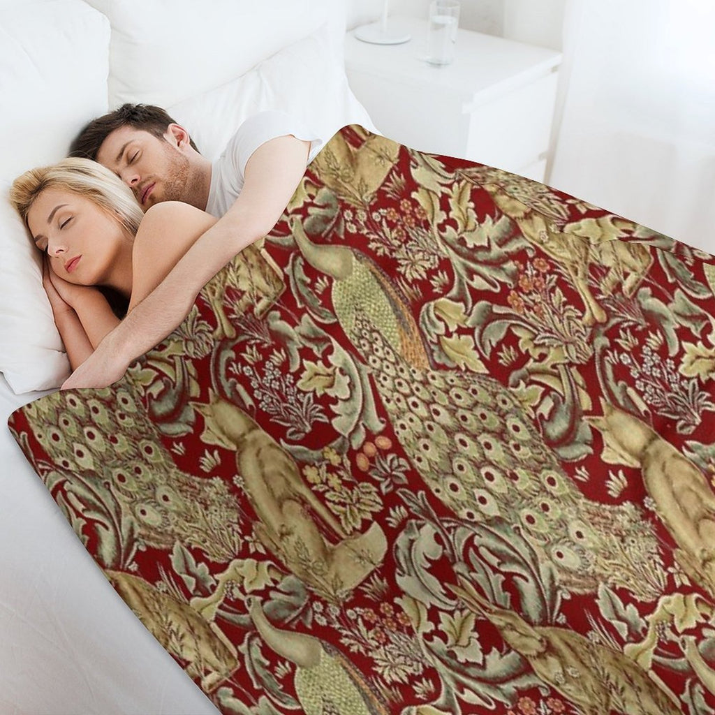 FOREST ANIMALS,PEACOCKS,FOX AND HARE IN RED LEAVES FLORAL PATTERN Machine-washable Throw Blanket
