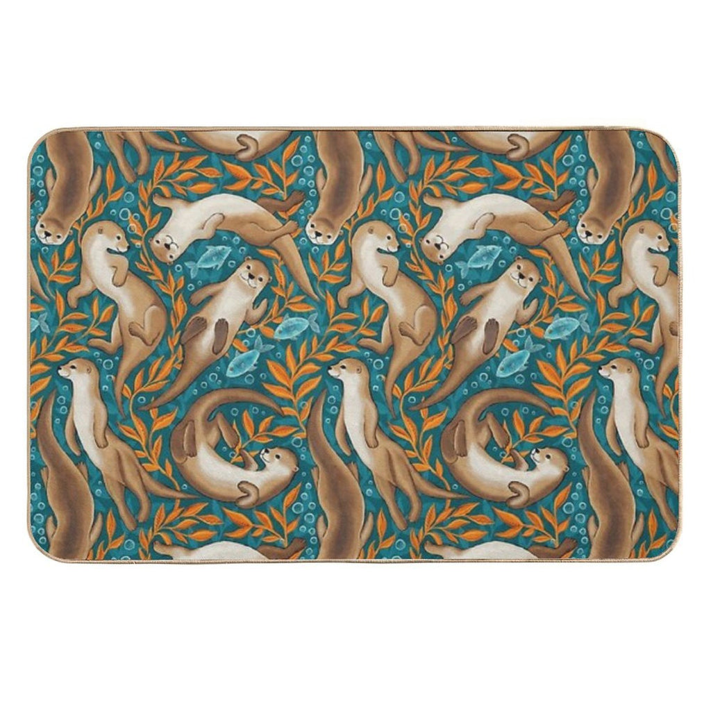 Sweet Swimming Otters in Dark Teal And Orange Gouache  Odorless Bath Mat