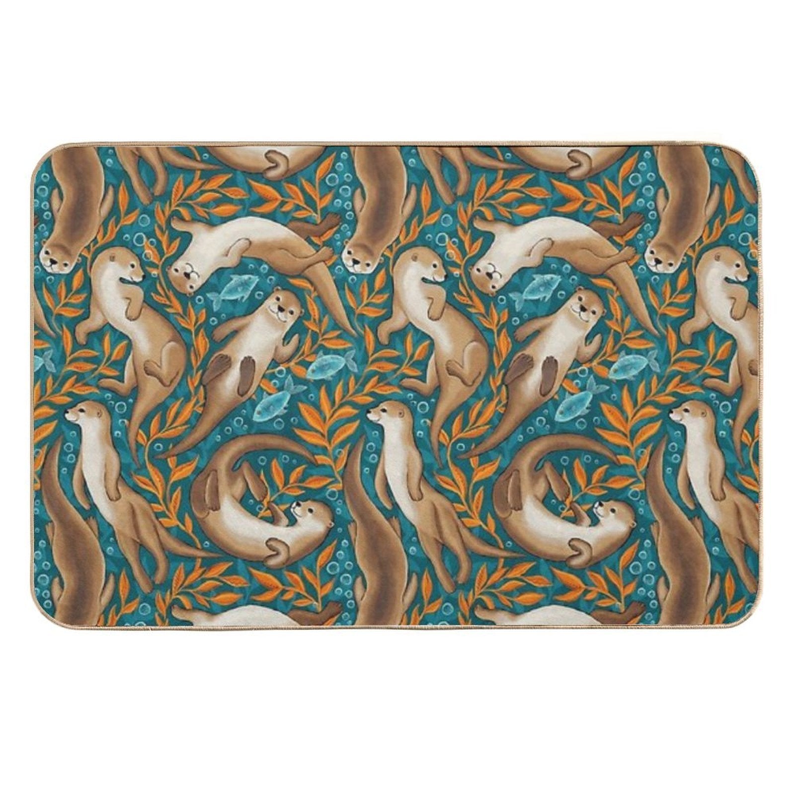 Sweet Swimming Otters in Dark Teal And Orange Gouache  Odorless Bath Mat