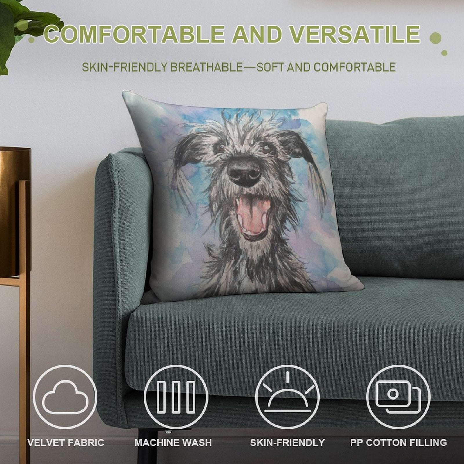 Scruffy Lurcher  , Watercolour Background Soft High-Density Material Throw Pillow