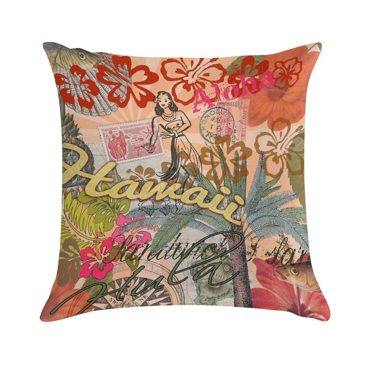 Vintage Hawaii Travel Colorful Hawaiian Tropical Collage Soft Ultra-Soft Texture Throw Pillow