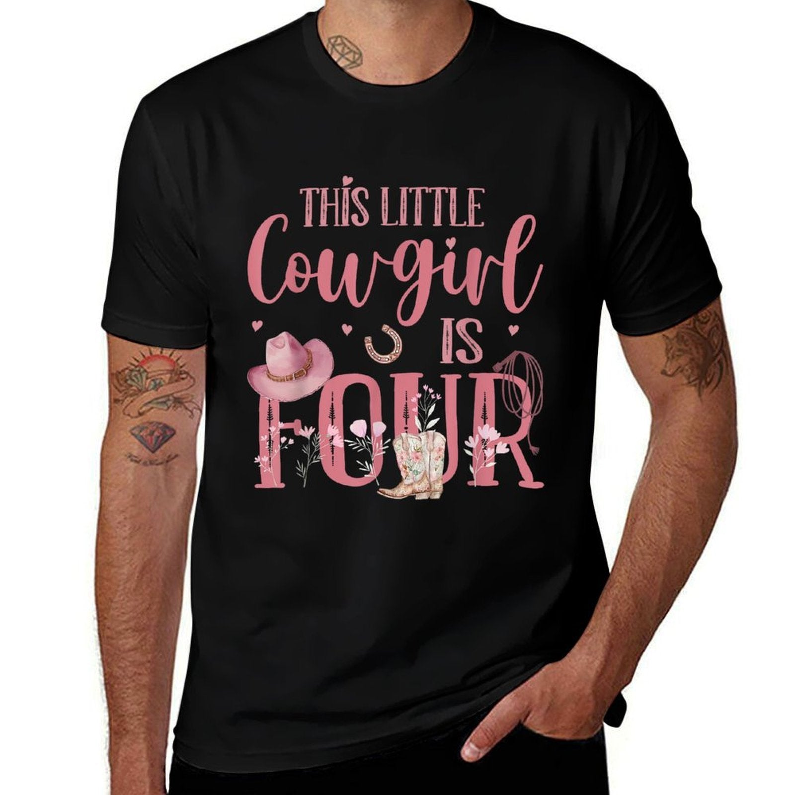 Cute Cowboy Cowgirl 4 Year Old Girl Birthday Gift Western Girls Black Small  Quick-drying T-Shirt