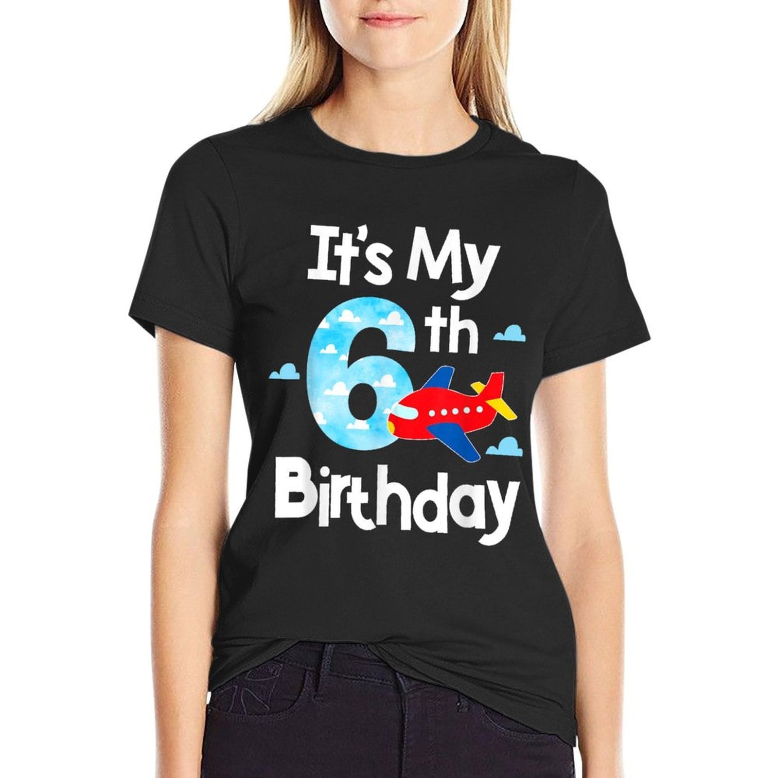 It's My 6th Birthday Airplane Pilot 6 Years Old Boy Girl  Ribbed Collar T-Shirt
