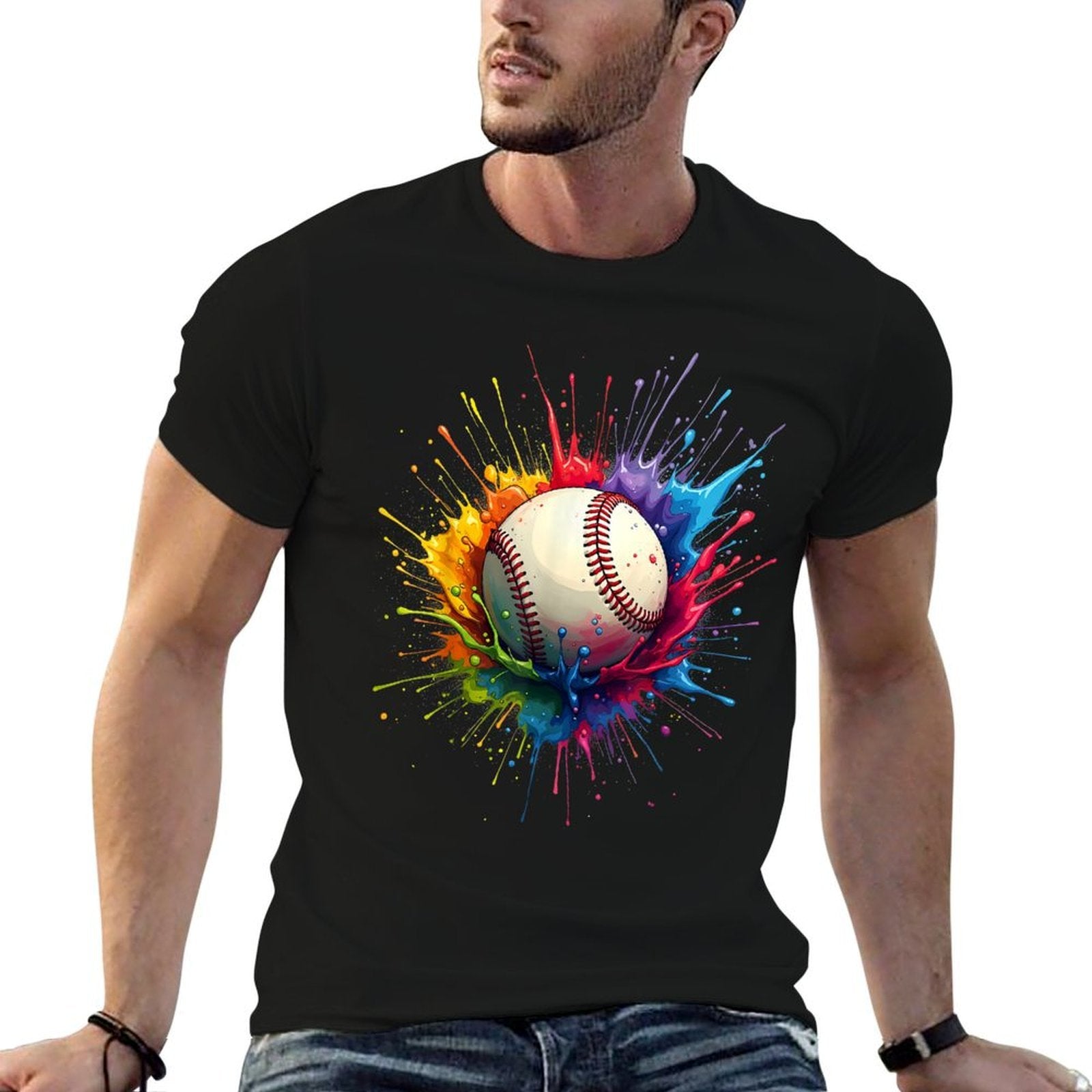 Baseball Player Color Art Colorful Tie Dye Paint Splatter  Tagless Design T-Shirt