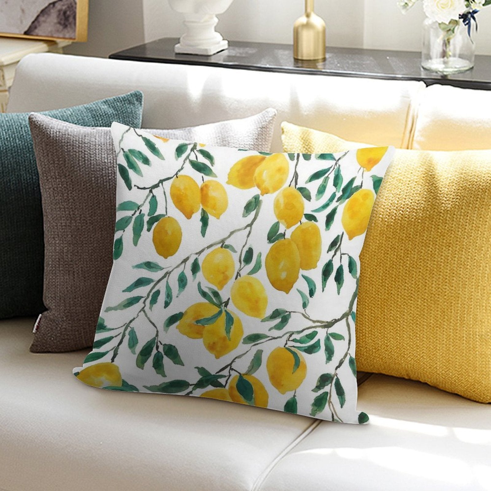 Hand Painted Watercolor Yellow Lemon Pattern Soft Decorative Cover Throw Pillow