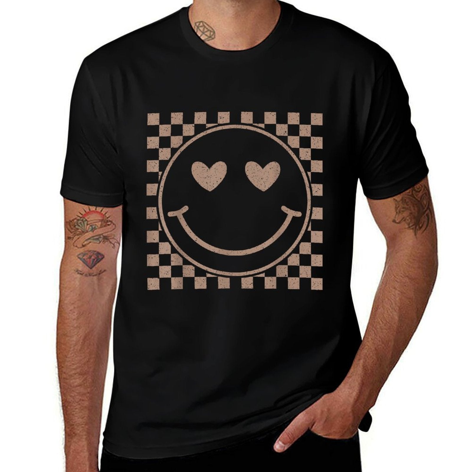 Retro Happy Face Checkered Pattern Smile Face Trendy  Graphic-printed T-Shirt