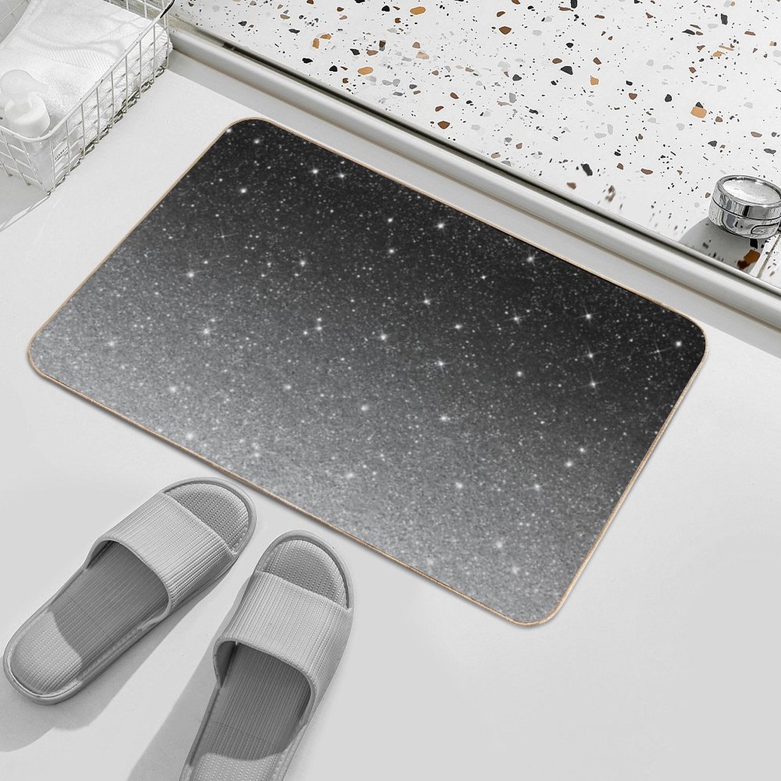 Black Silver Grey Sparkle Ombre Glitter  Fade-Resistant Bath Mat