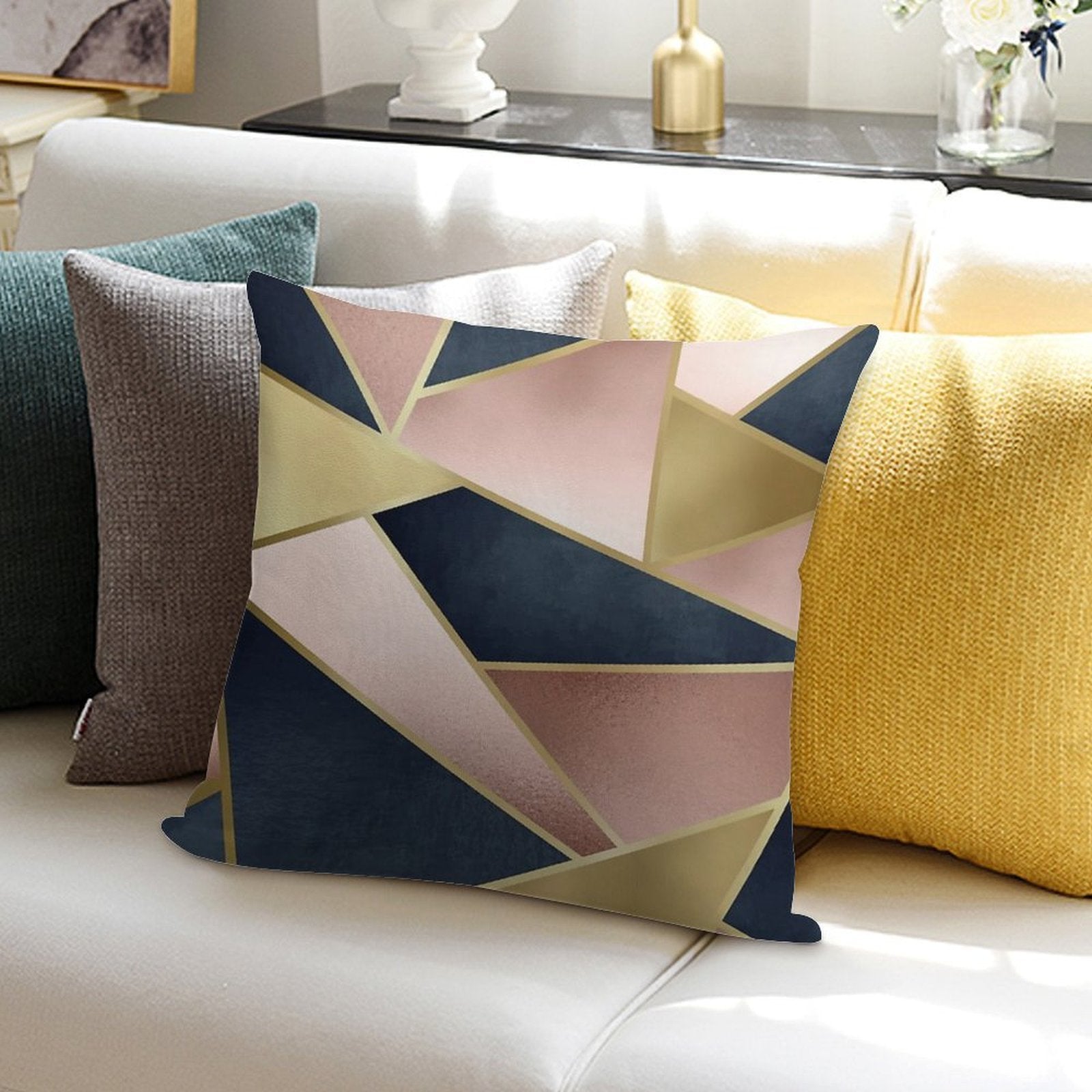 Geometric, Rose Gold, Pink, Gold And Navy Blue, Abstract, Pattern Soft Fade-Resistant Throw Pillow