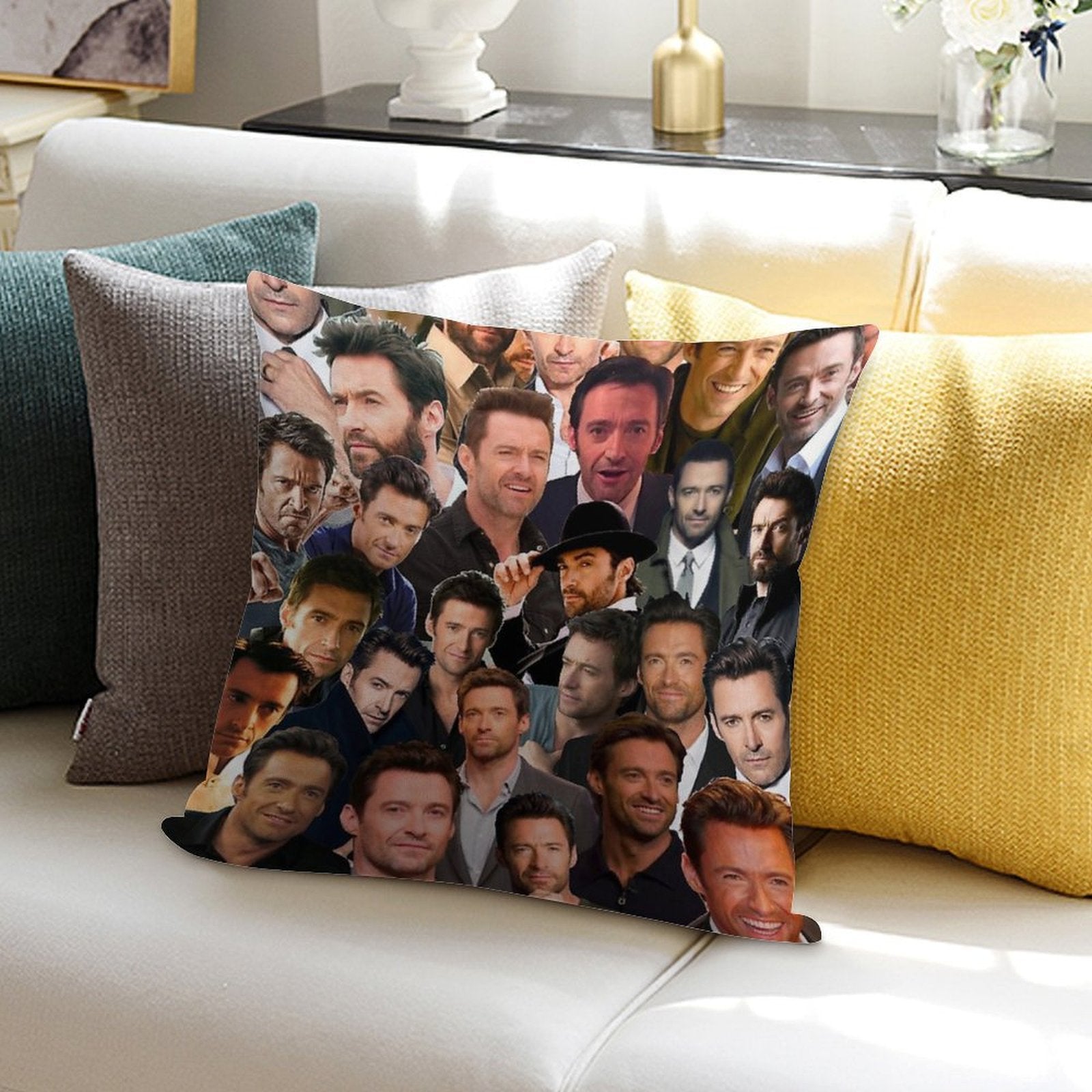 Hugh Jackman Photo Collage Soft Gift Ready Throw Pillow