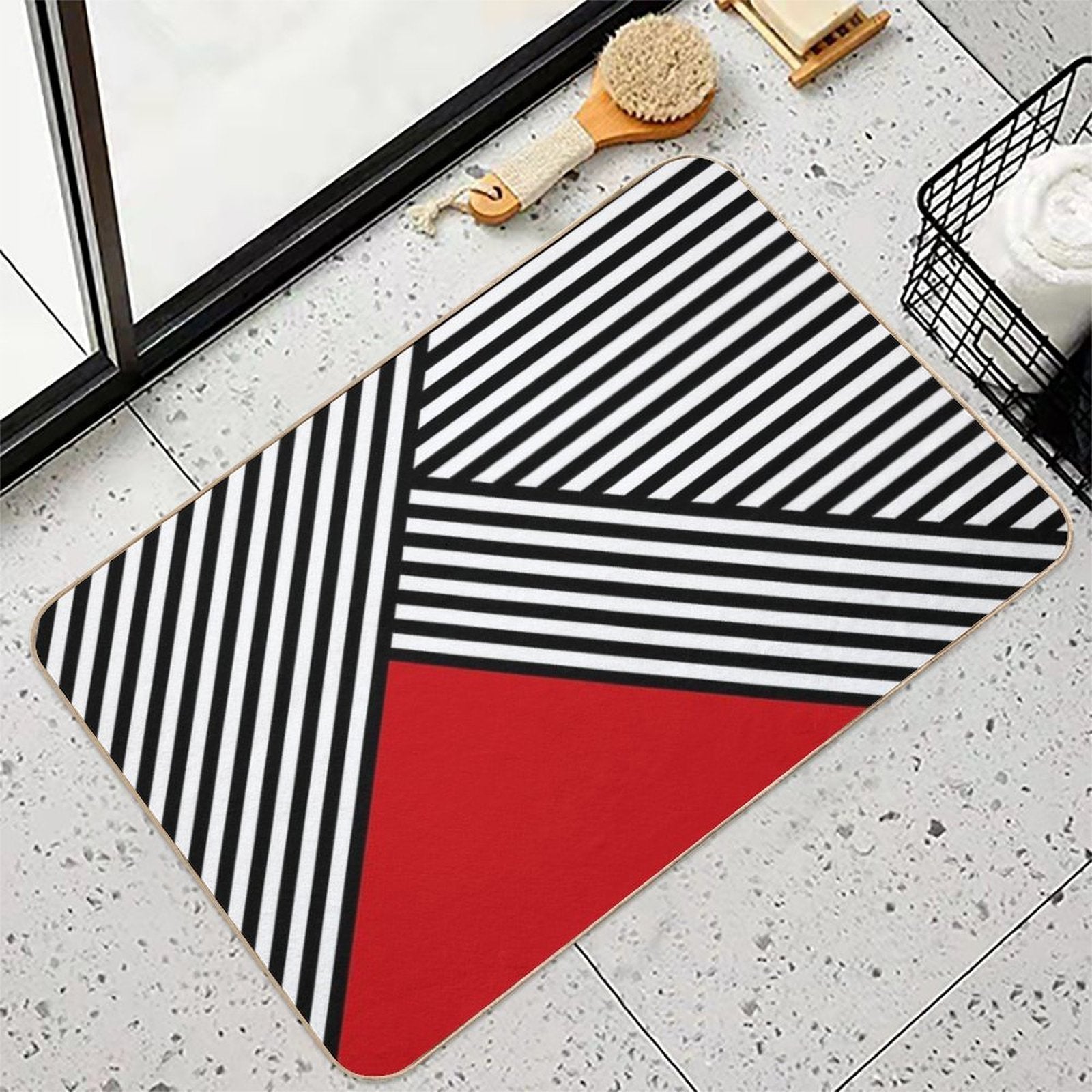 Black And White Stripes with Red Triangle  Easy Maintenance Bath Mat